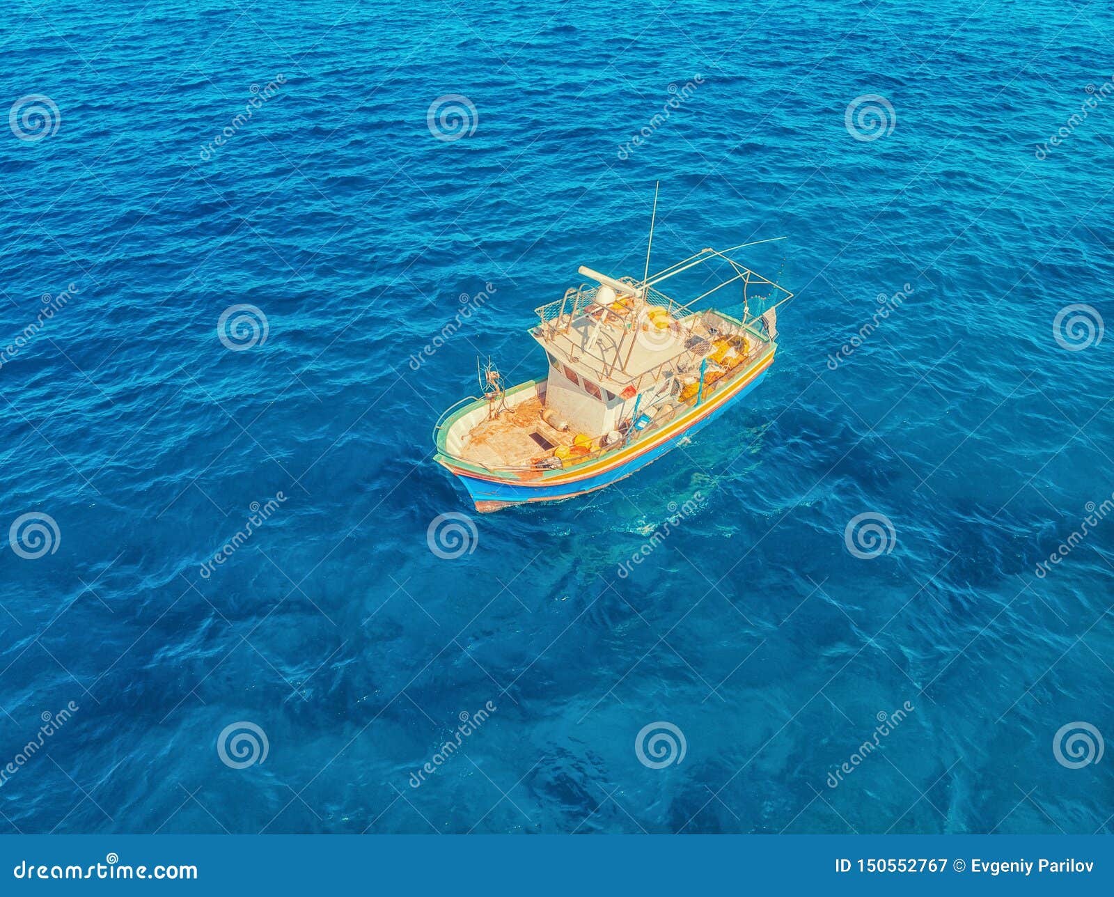 Fishing Boat in Blue Sea Water, Fishermen Set Nets for Fish. Aerial Top View  Stock Image - Image of corals, light: 150552767