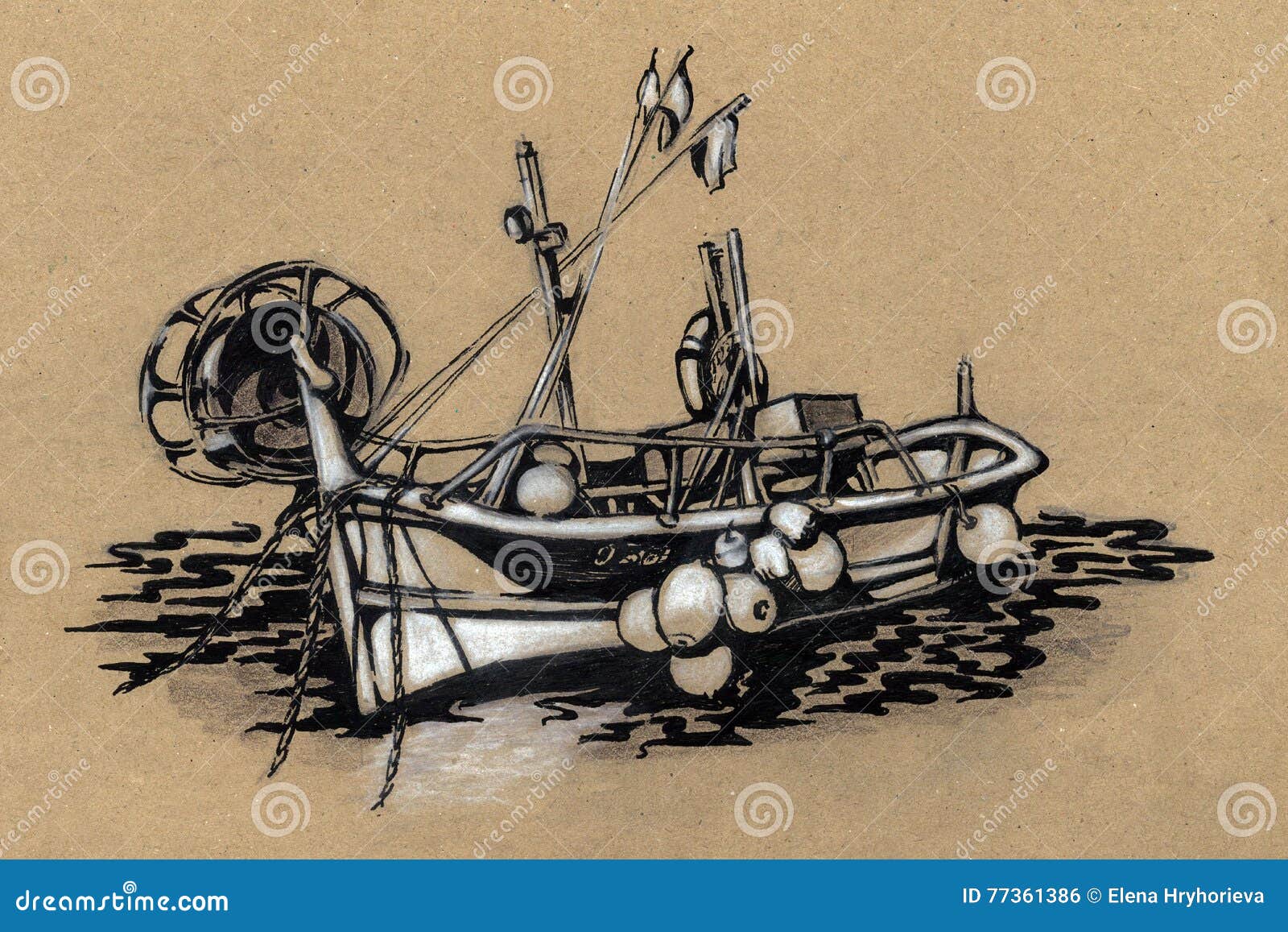 Fishing boat. drawing stock illustration. Illustration of style - 77361386