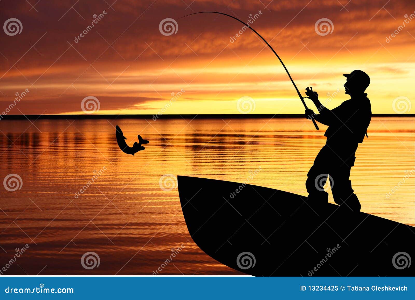 Fishing Boat And Fisherman With Catching Pike Royalty Free Stock Photo 