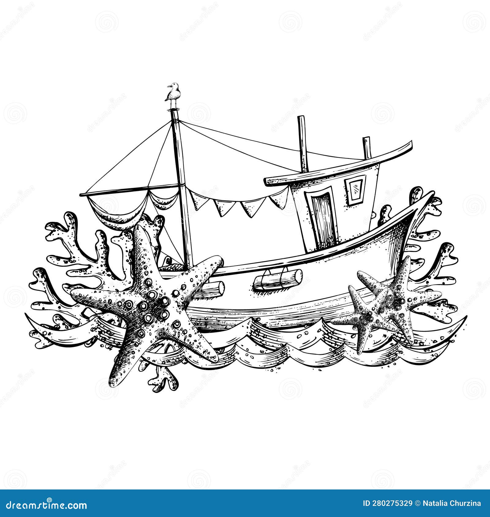Fishing Boat with Flag Garlands, Waves, Starfish and Corals
