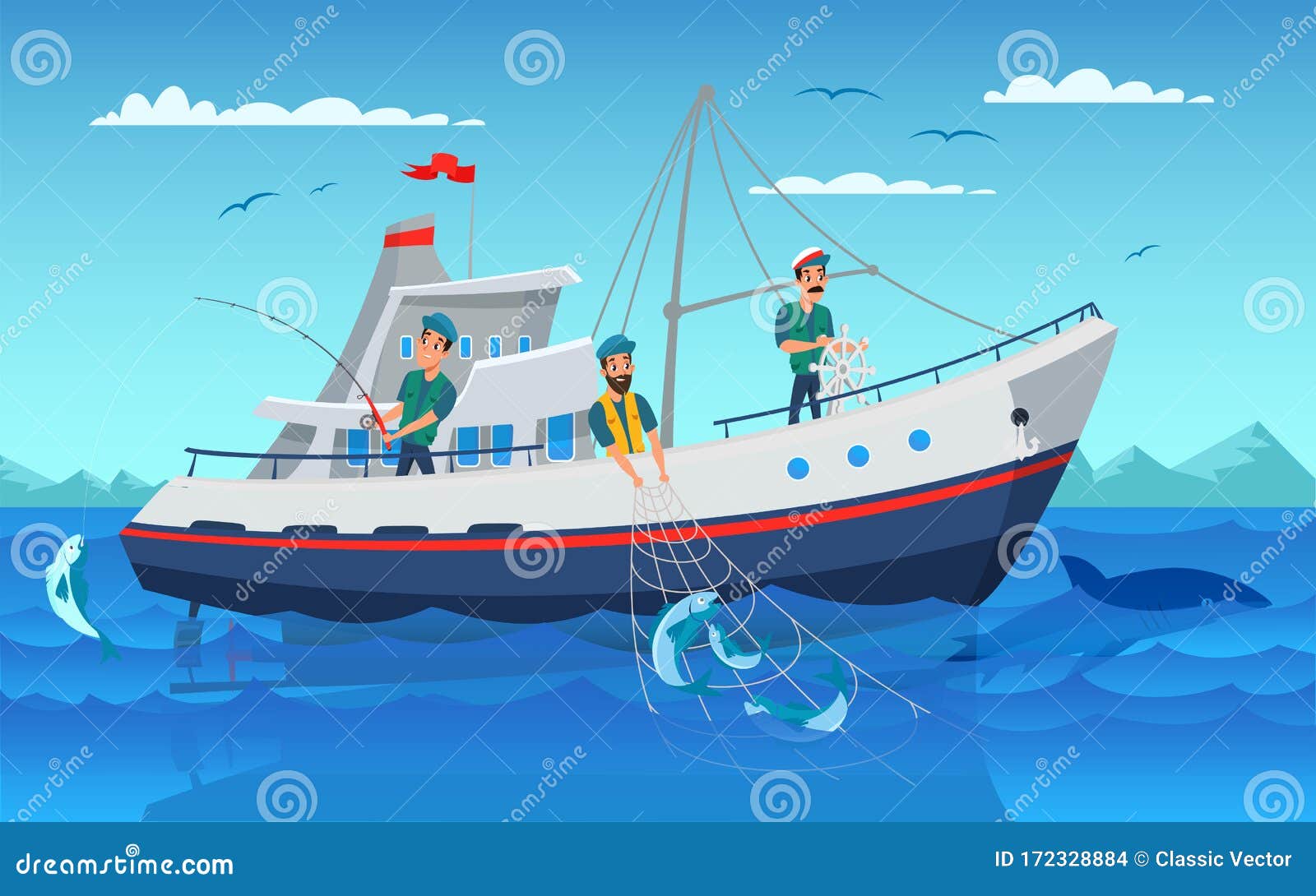 fishing boat, fishermen, boat, nautical vessel, water, sea, group of  people, transportation, men, mode of transportation