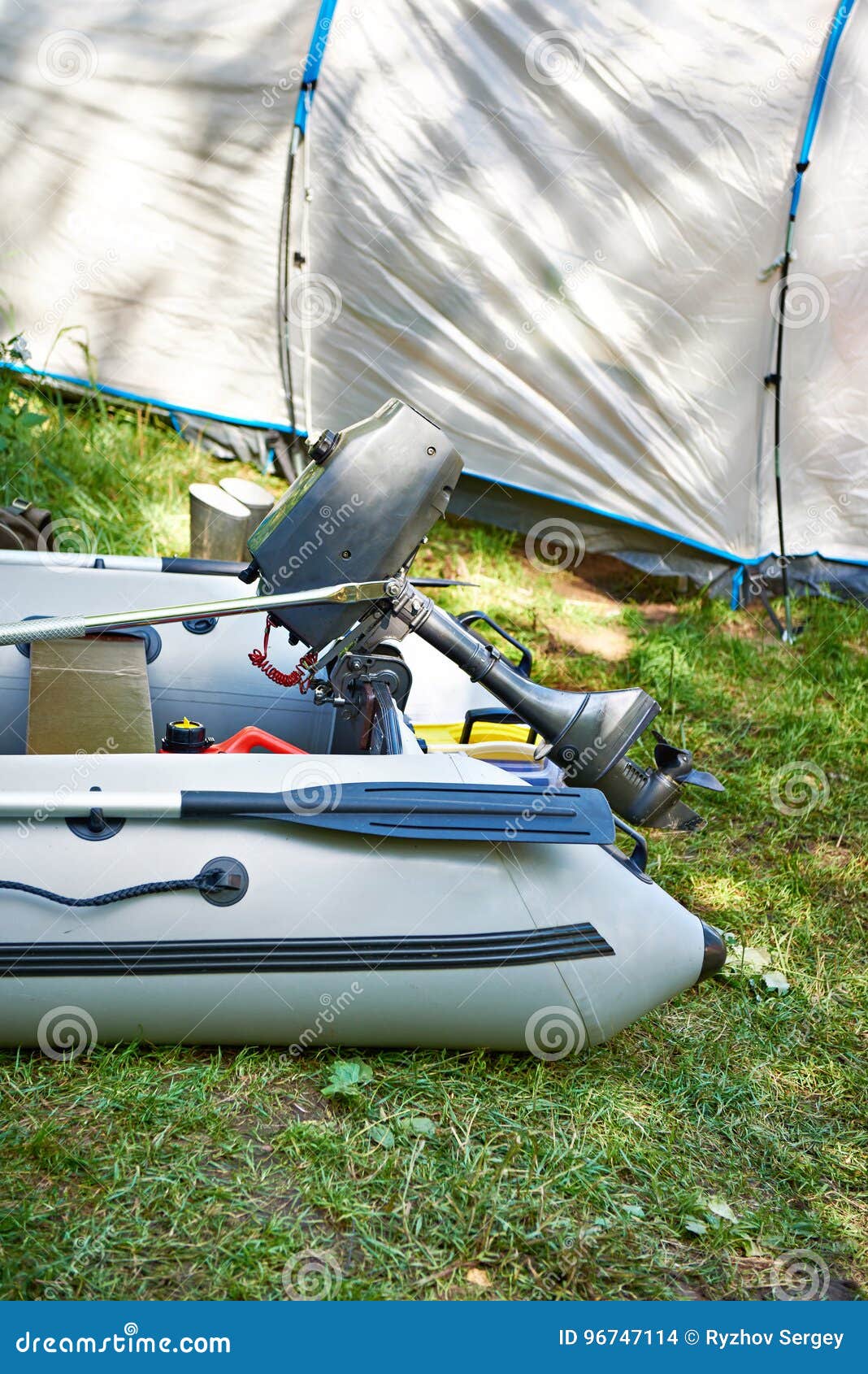 Fishing Boat with Motor on Background of Tent Stock Photo - Image of blue,  tent: 96747114