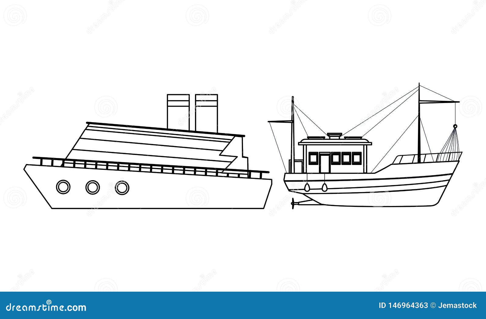 Fishing Boat Sea Travel and Cruiseship Black and White Stock Vector -  Illustration of cruiseship, commerce: 146964363