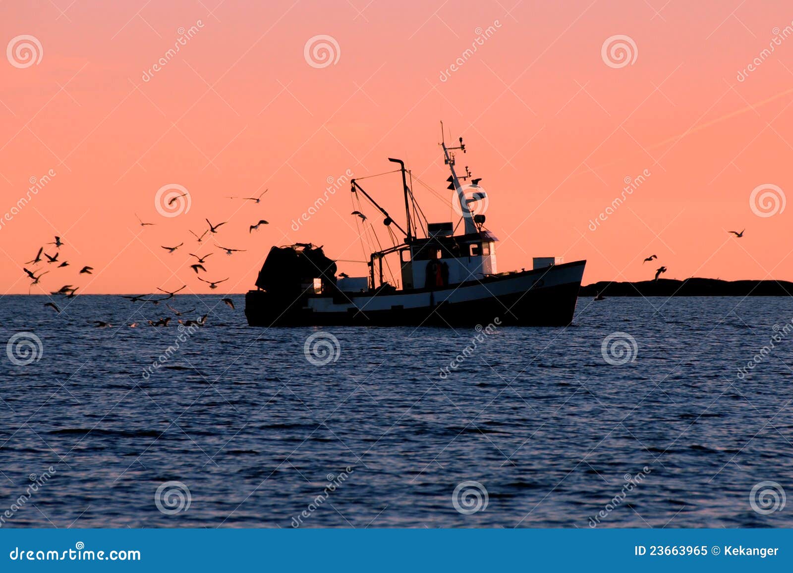 Fishing boat in silhouette stock image. Image of mast    