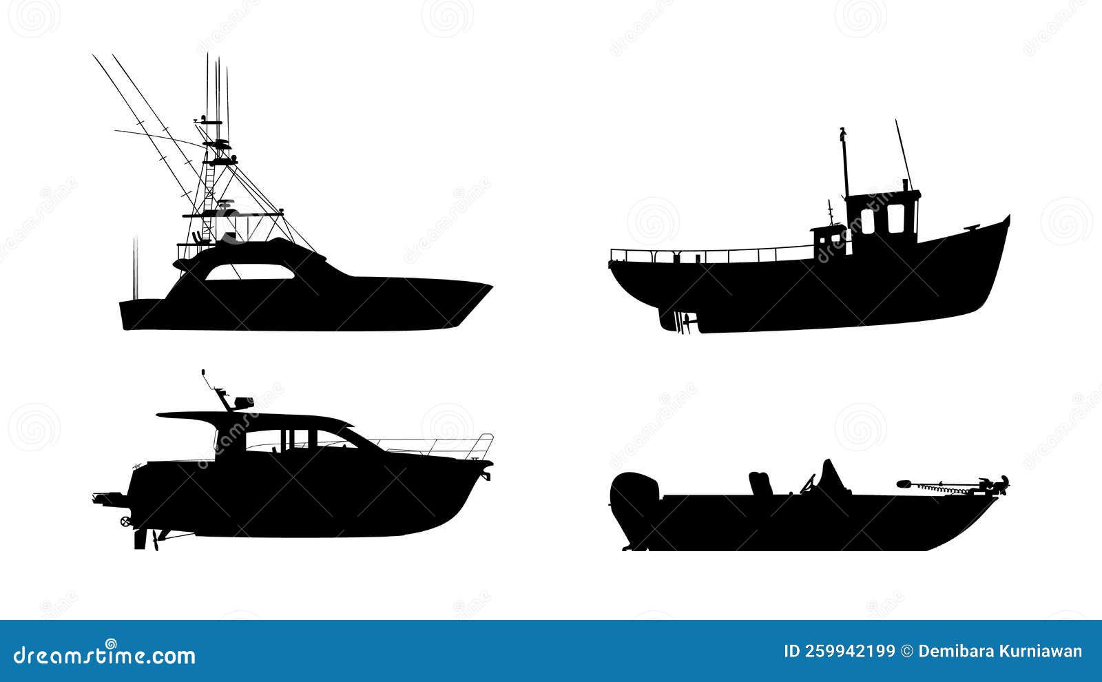 Silhouettes of Four Types of Fishing Boats Stock Vector