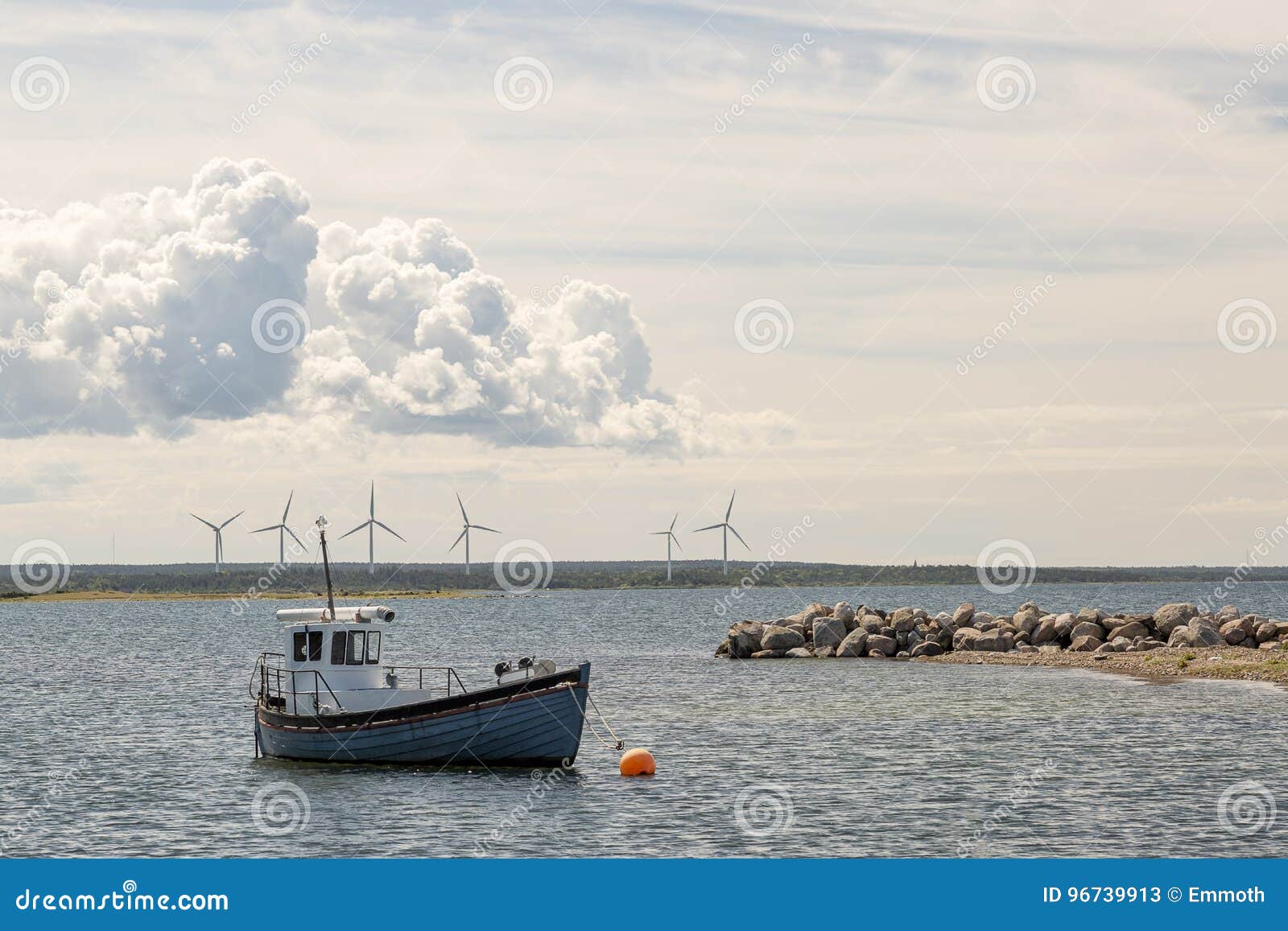 Fishing Boat by Wind Power Stations. Stock Image Image of gotland