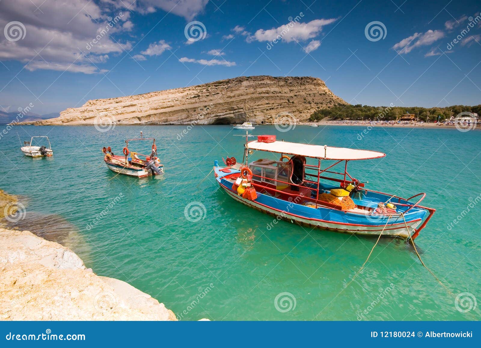 fishing boats anchored in matala bay, crete, greec