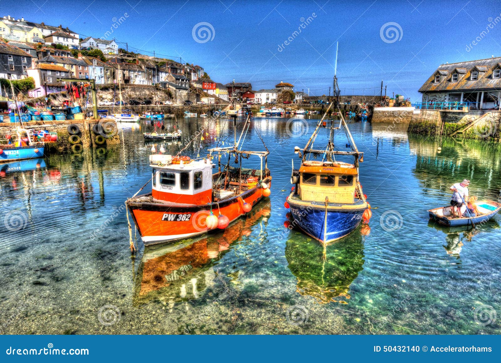 Fishing Boats Mevagissey Harbour Cornwall Uk Clear Blue