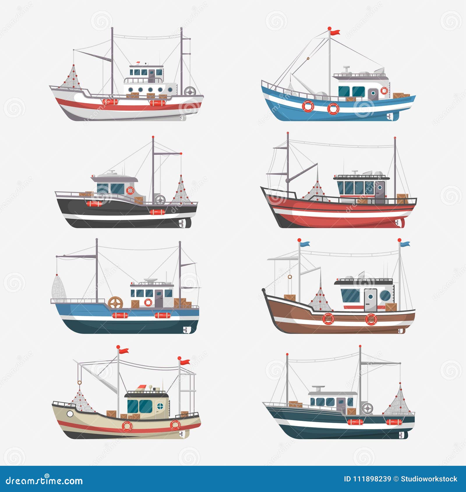 Fishing Boats Side View on White Background Stock Vector - Illustration of  fishing, fish: 111898239
