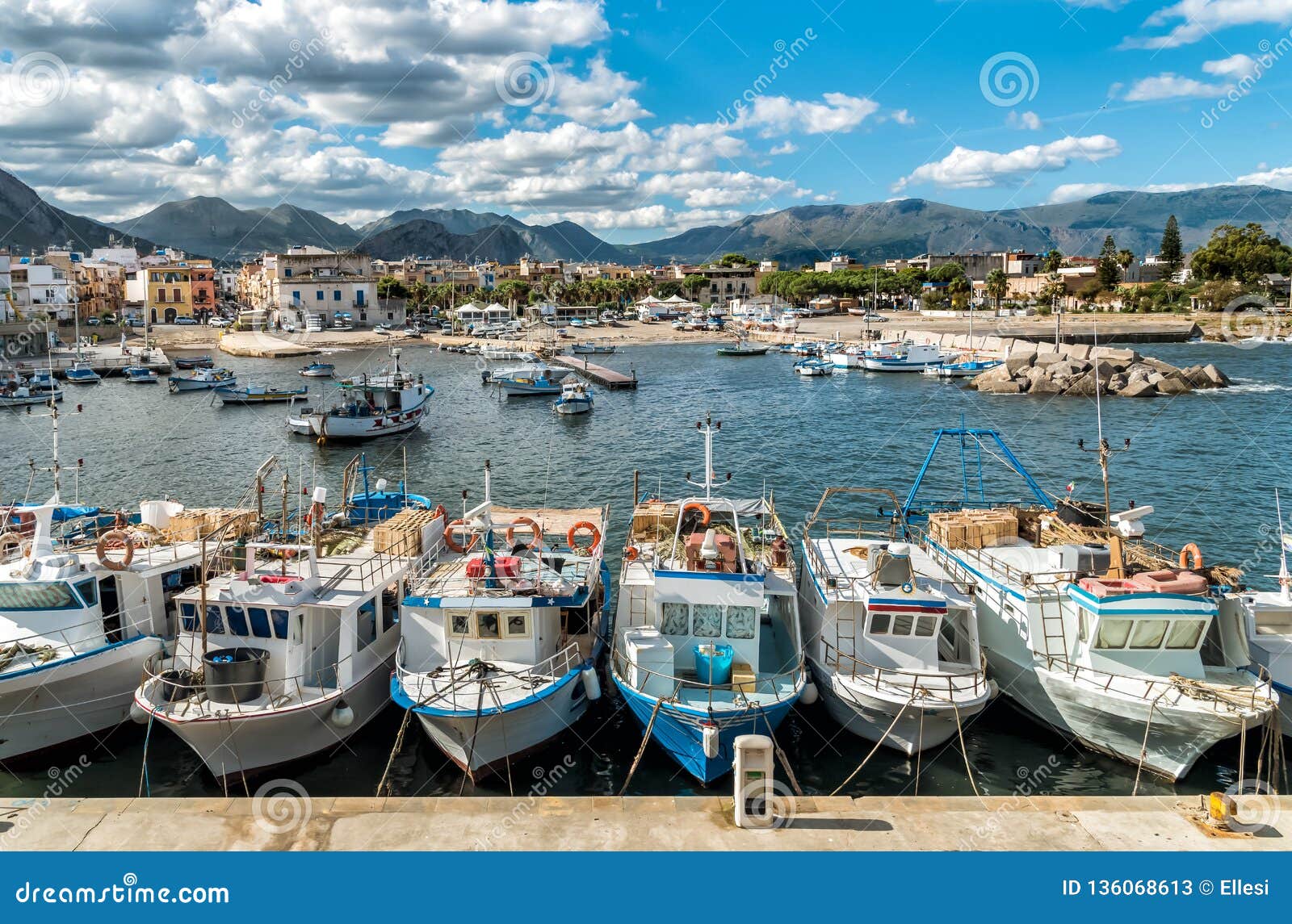 fishing boats in the small harbor of isola delle femmine, sicily