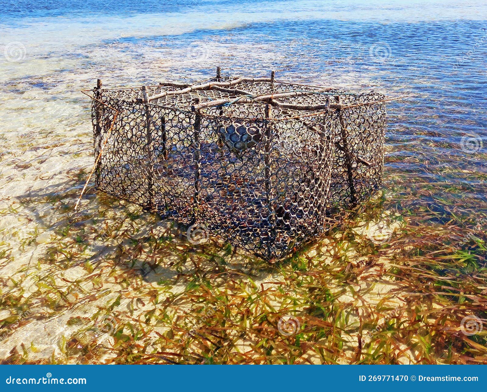 Fishing Cage in Turquoise Water of the Caribbean Sea Under Blue