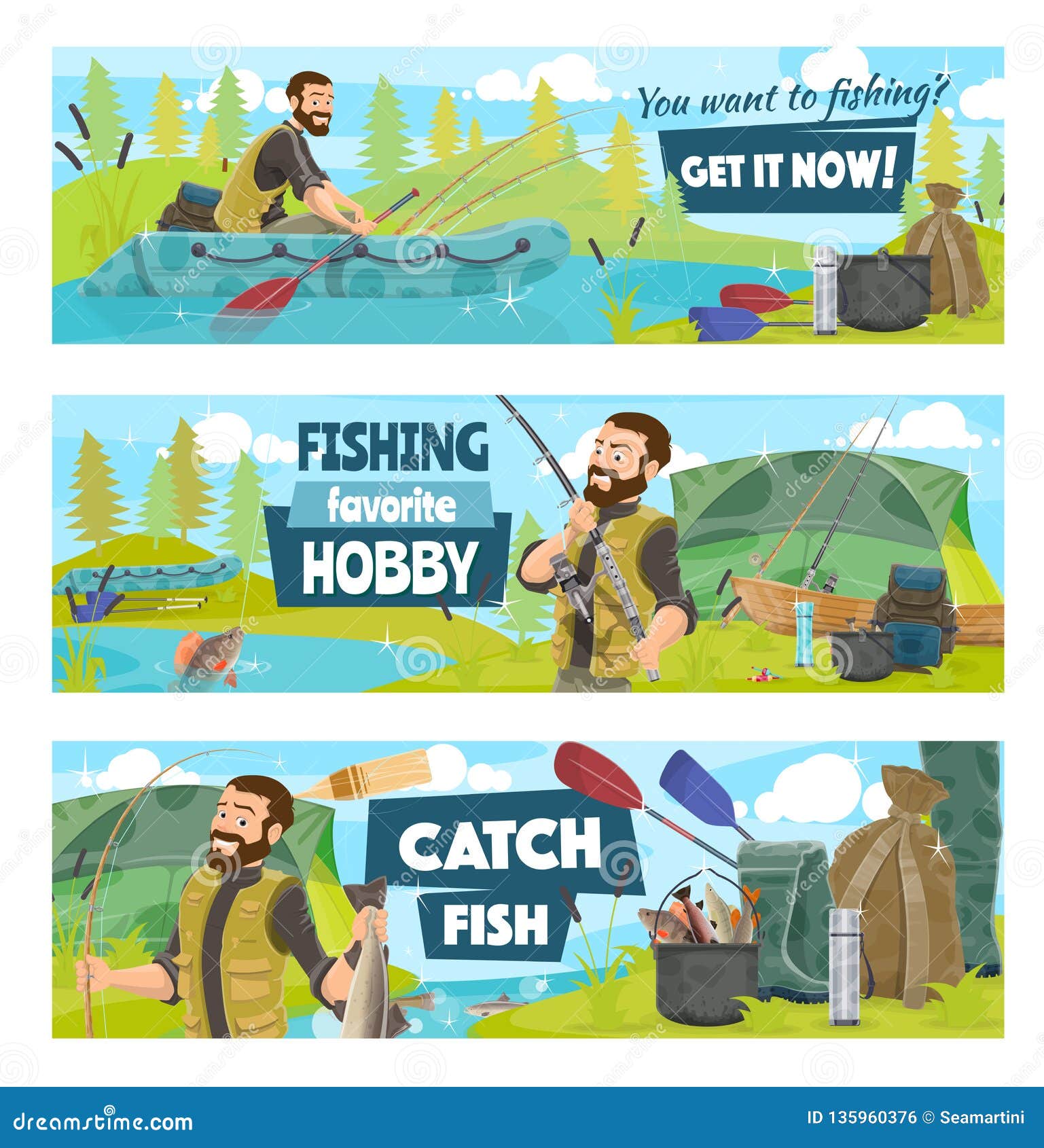 Fishing Camp, Fisherman on Boat with Rod and Fish Stock Vector