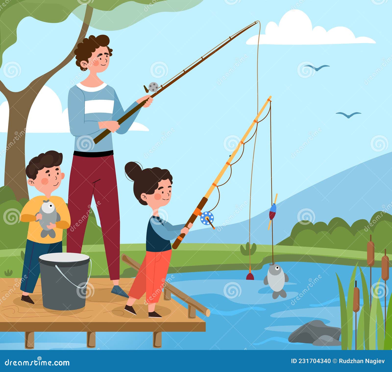 Fishing with Children Concept Stock Illustration - Illustration of
