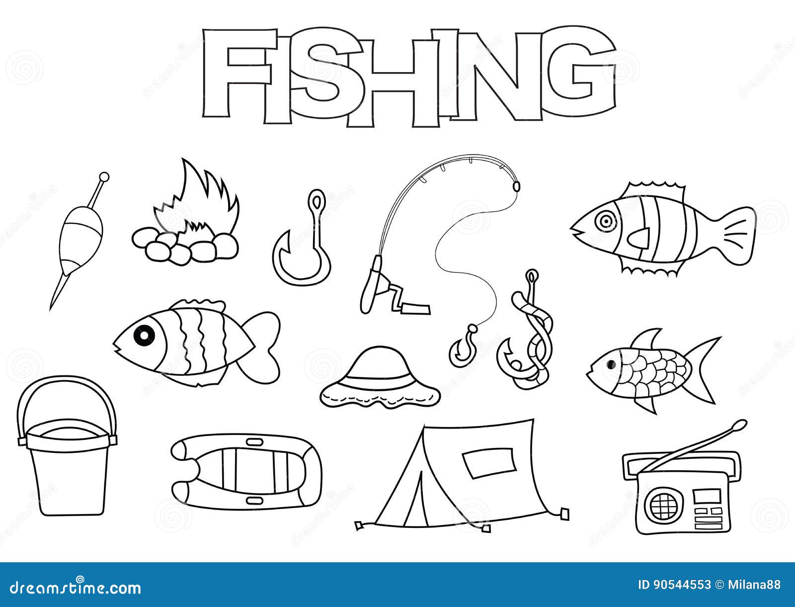 fishing elements hand drawn set coloring book template outline