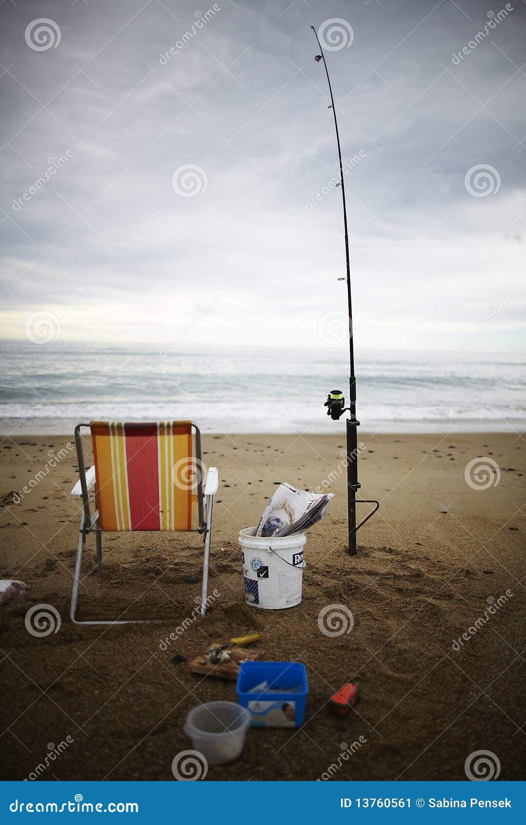 Fishing Equipment on the Beach Stock Image Image of bucket, chair