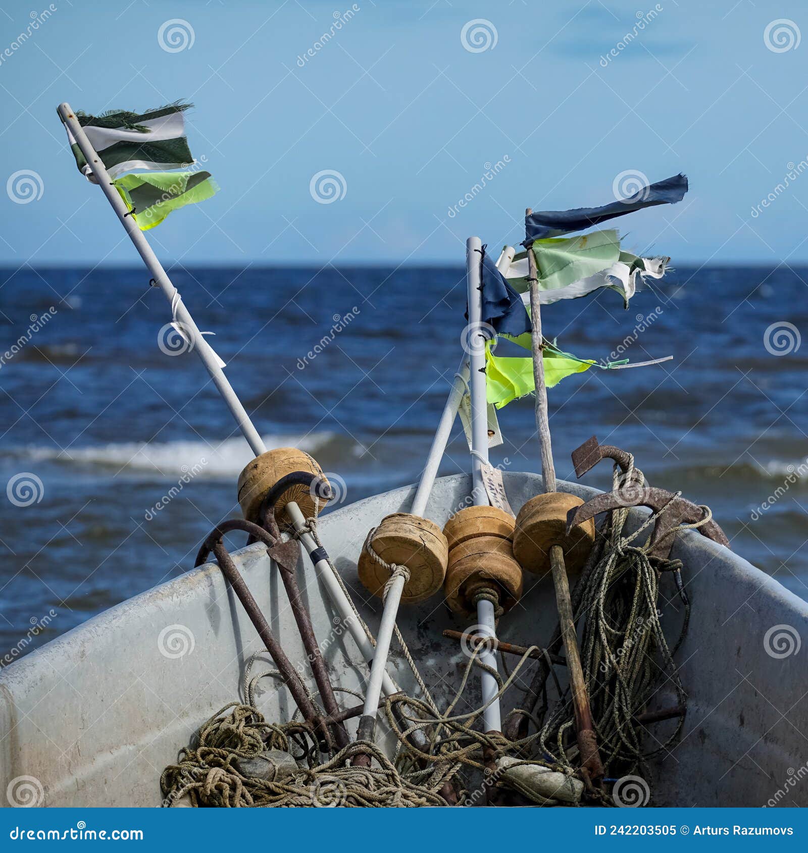 Fishing Equipment in a Boat on the Backdrop of Blue Sky and Sea Stock Image  - Image of anchor, water: 242203505