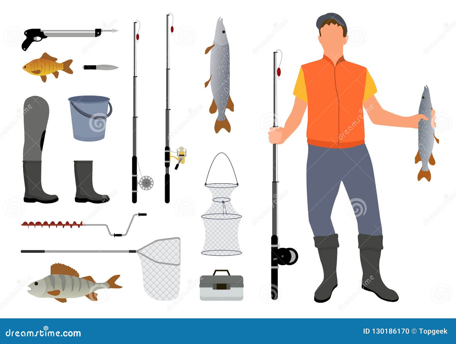 Fishing Equipment and Fisher with Catch Color Card Stock Vector