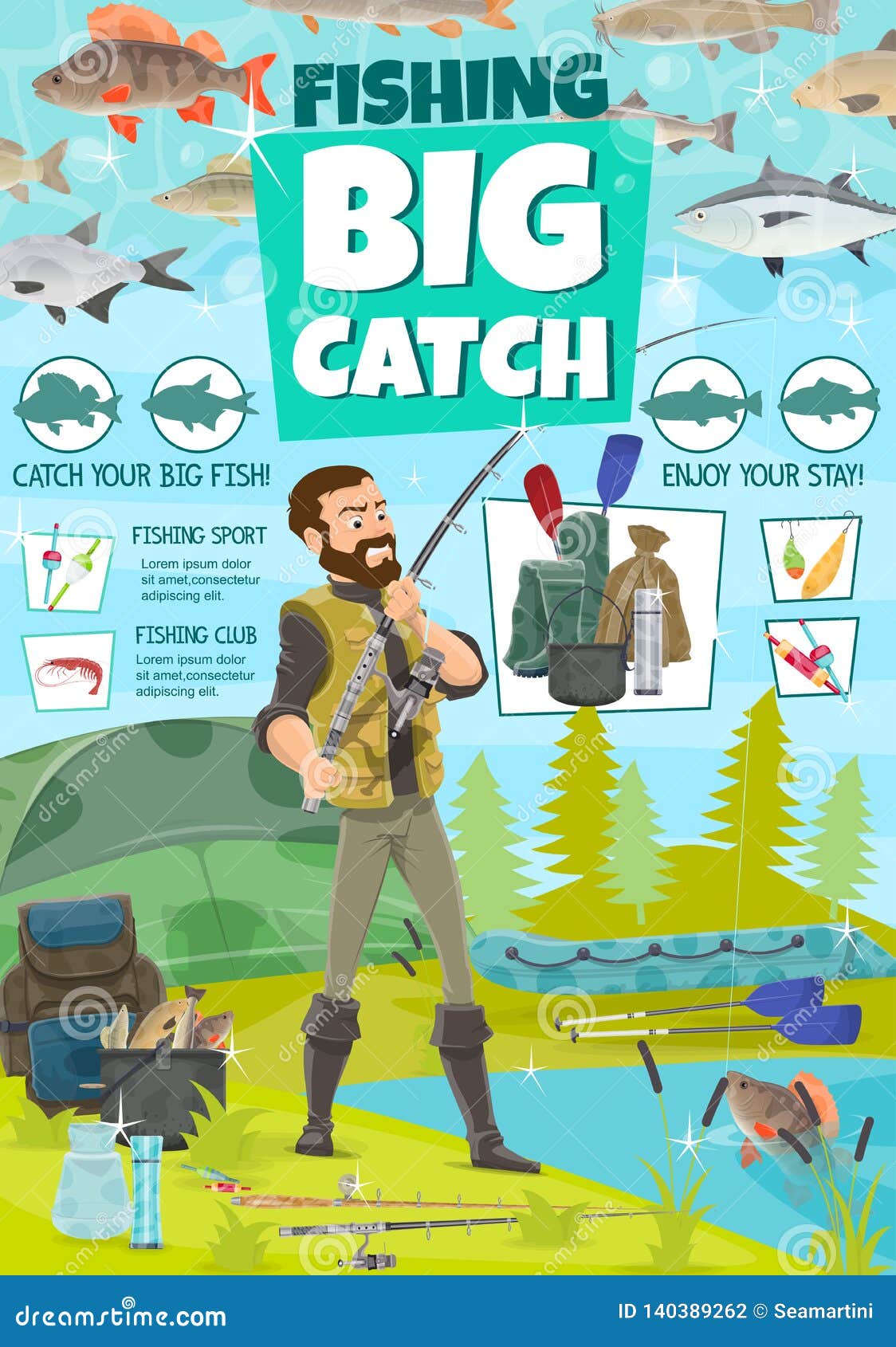 Fishing Equipment and Fisher Catch Fish Stock Vector