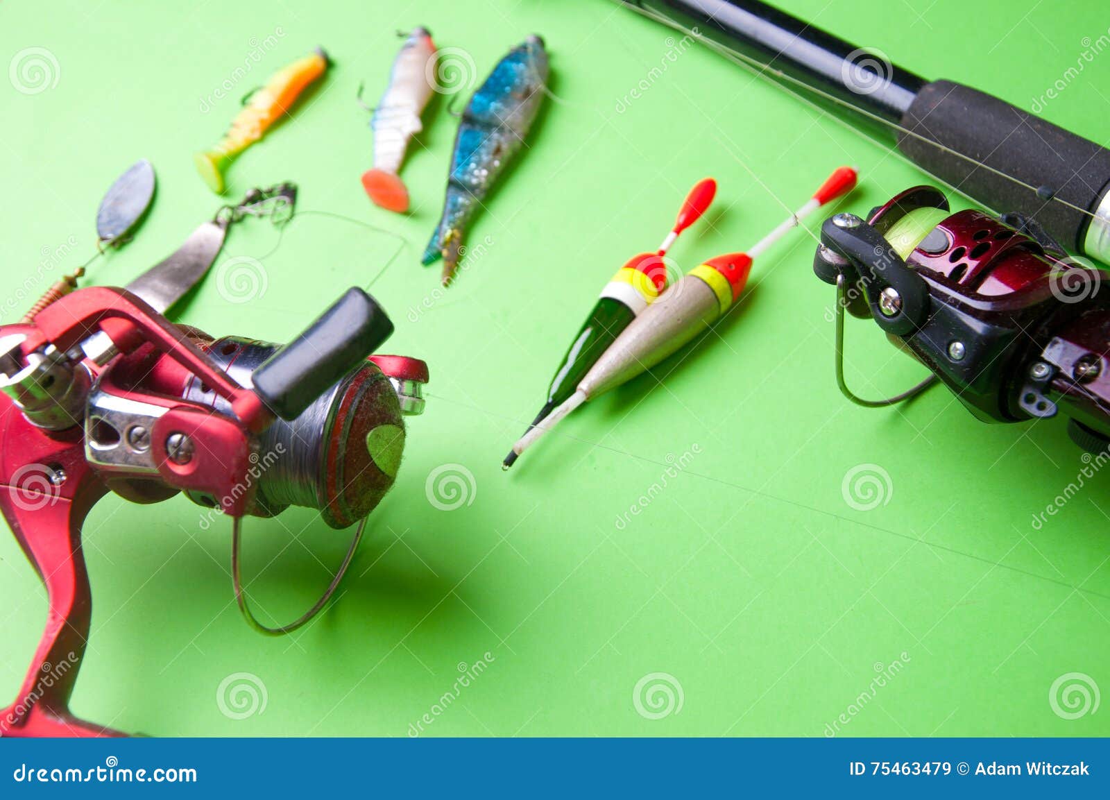 Fishing Equipment on a Green Background Stock Image Image of personal