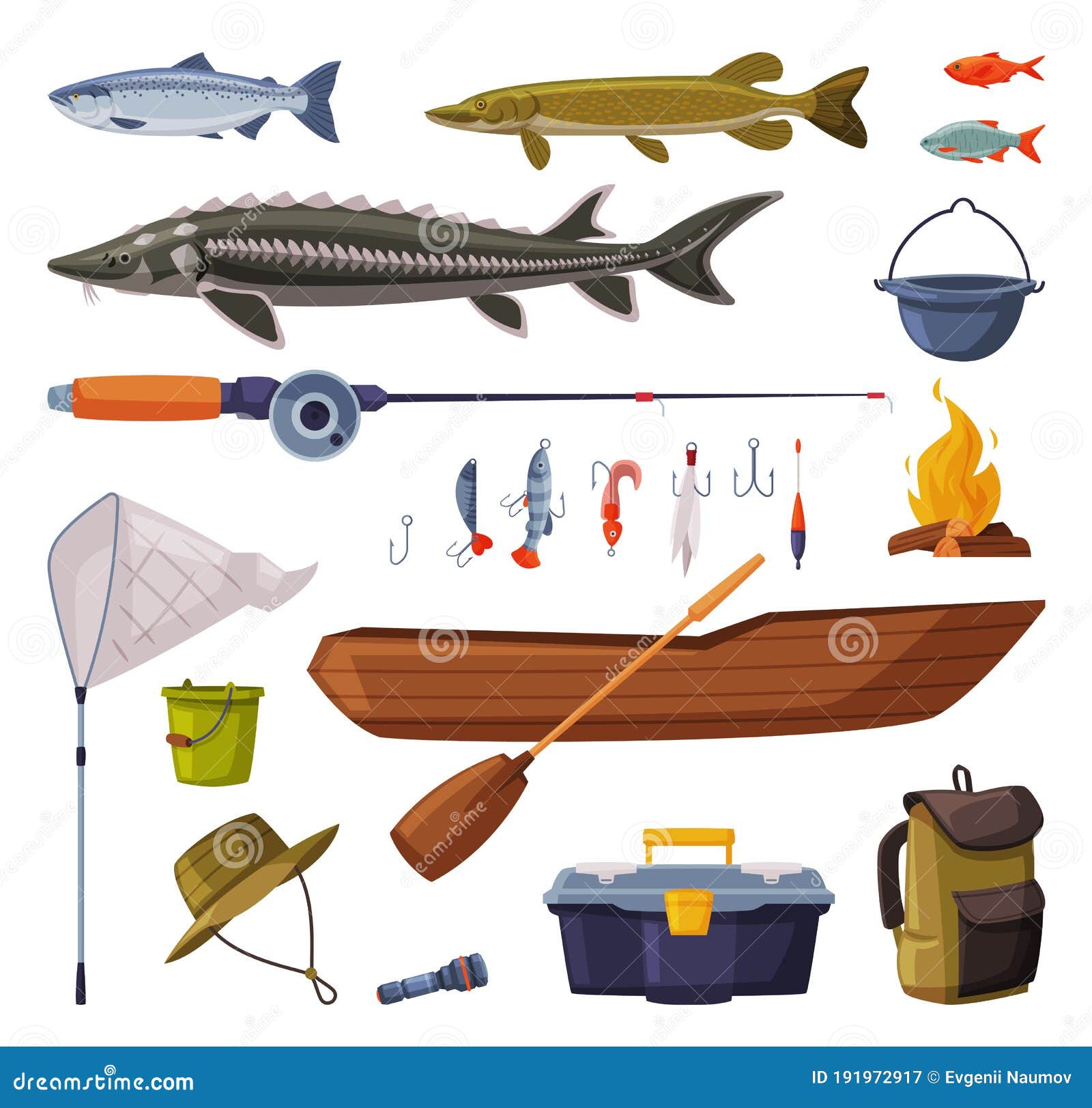 Fishing Equipment Set, Freshwater Fishes, Fishing Tools, Apparel, Boat,  Accessories Cartoon Vector Illustration Stock Vector - Illustration of  lure, angling: 191972917