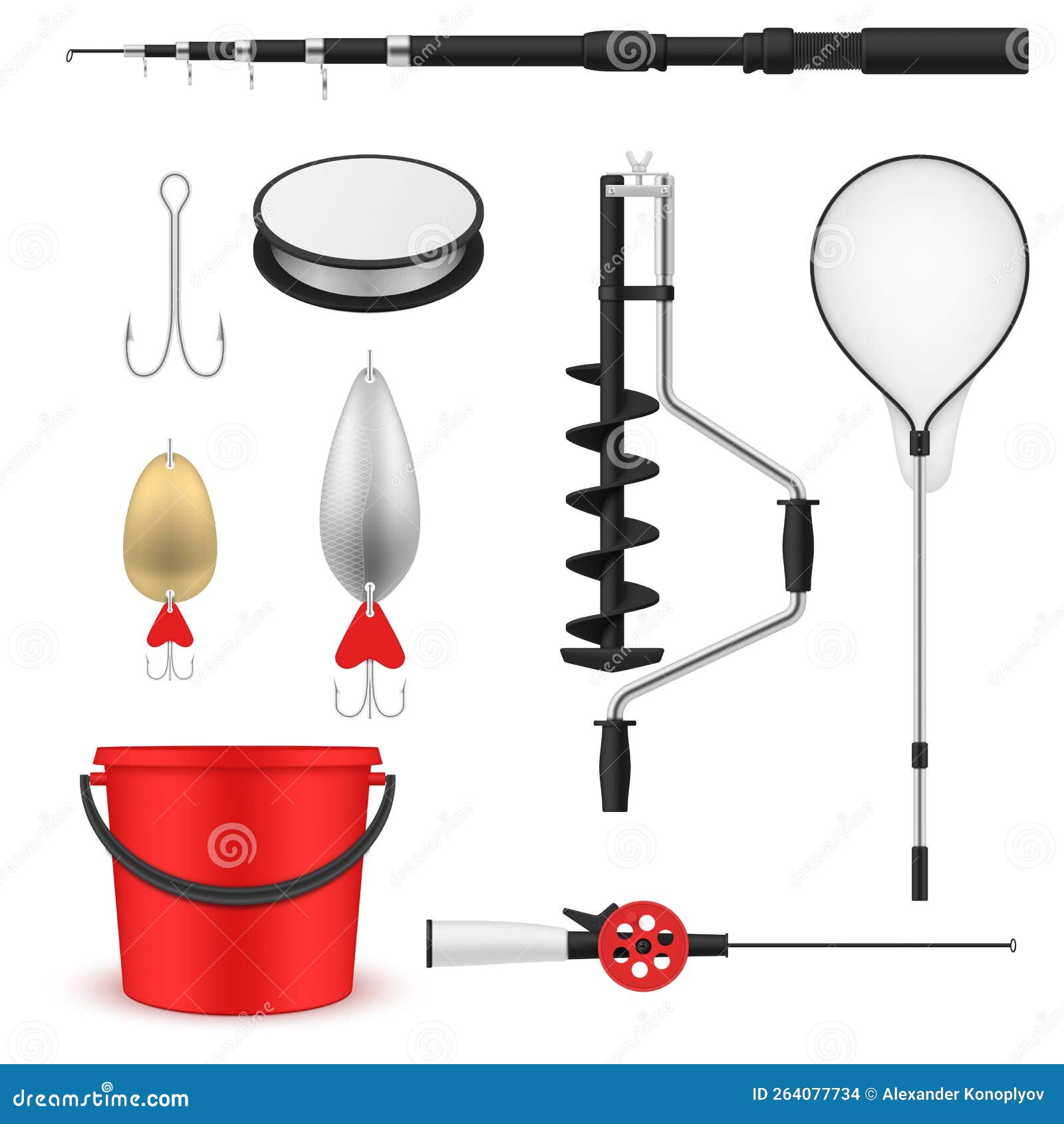 Fishing Equipment Set Realistic Vector Fish Catching Hook Baubles Drill  Spinning Bucket Stock Illustration - Illustration of equipment, baubles:  264077734