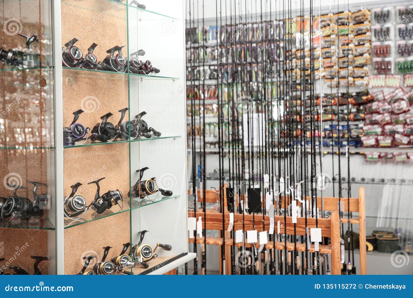 Fishing Equipment in Sports Shop. Stock Photo - Image of offer