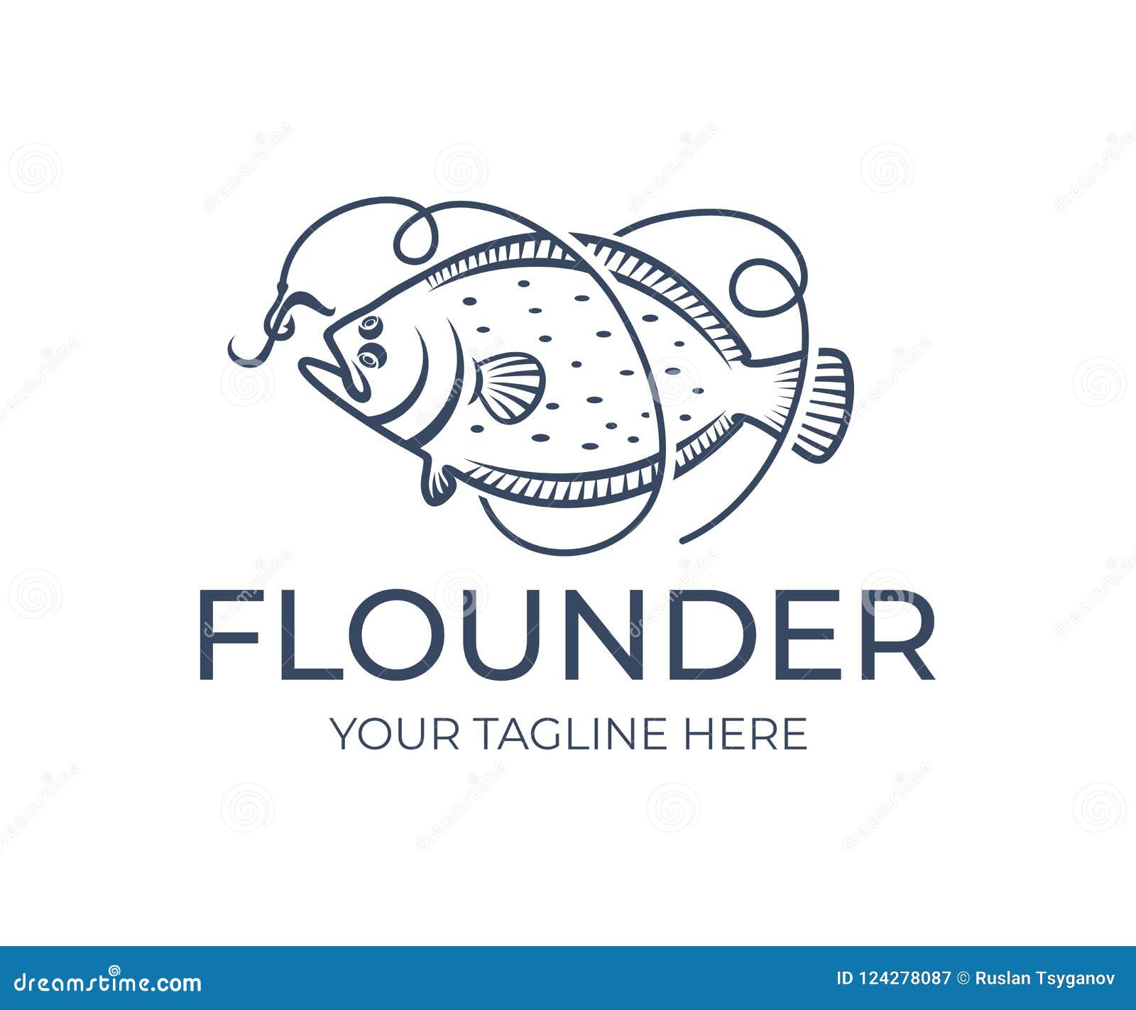fishing and fish, flounder grabs bait on hook and line, logo . seafood, food, angling on nature,  