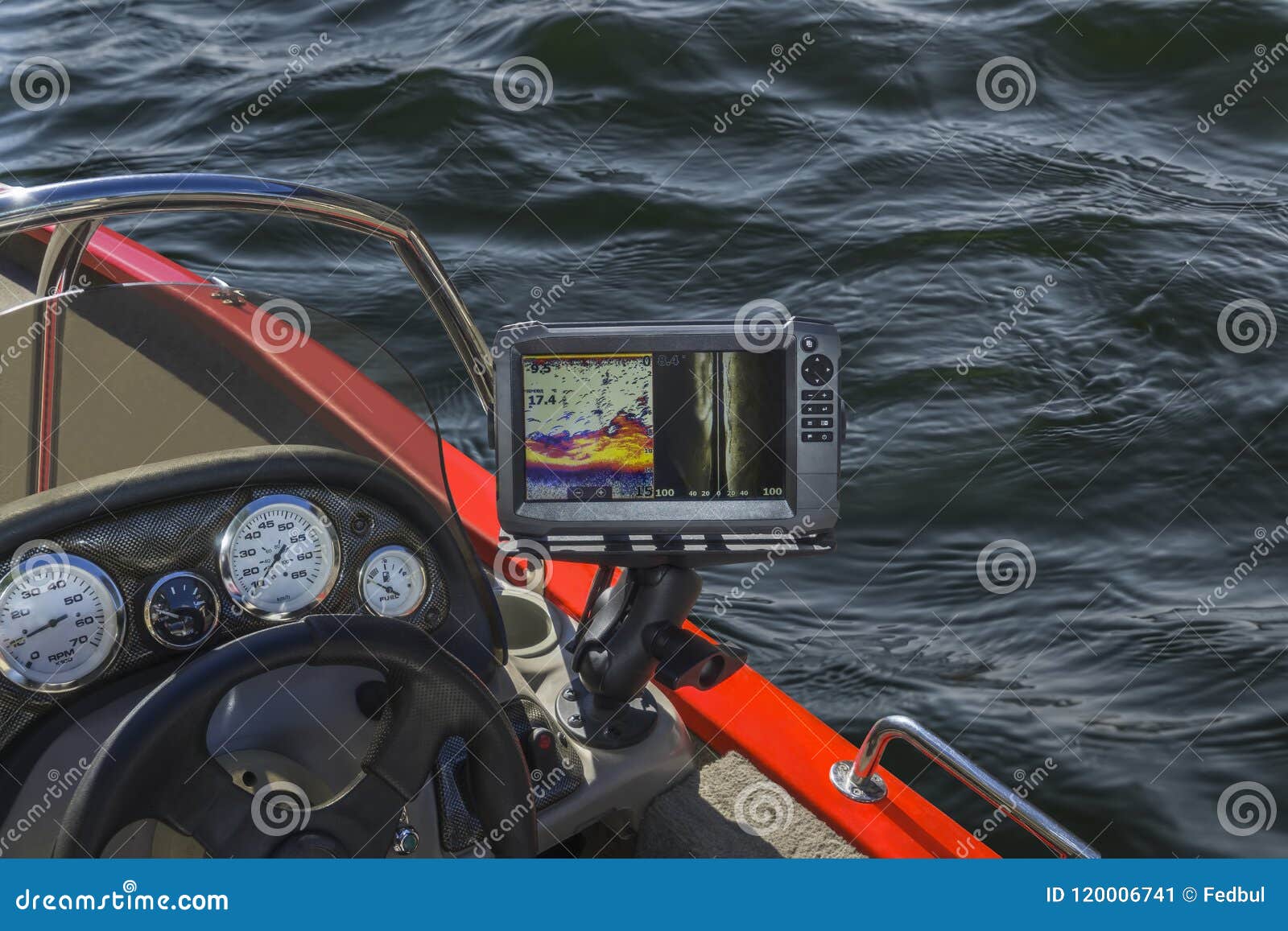 Fishfinder, Echolot, Fishing Sonar at the Boat Stock Image Image of