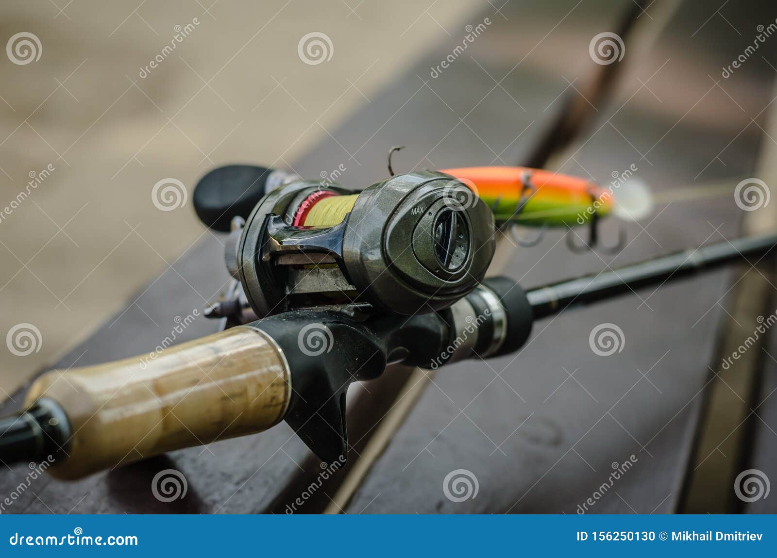 Baitcasting Rod with Spincast Reel. Eye Level Shooting. Soft Focus