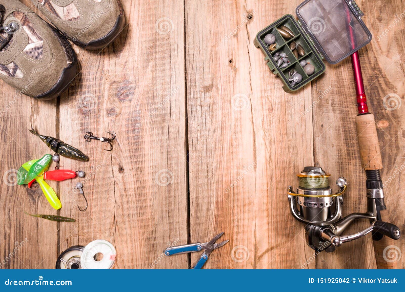 Fishing Gear Collection. Fishing Gear Preparation Stock Photo