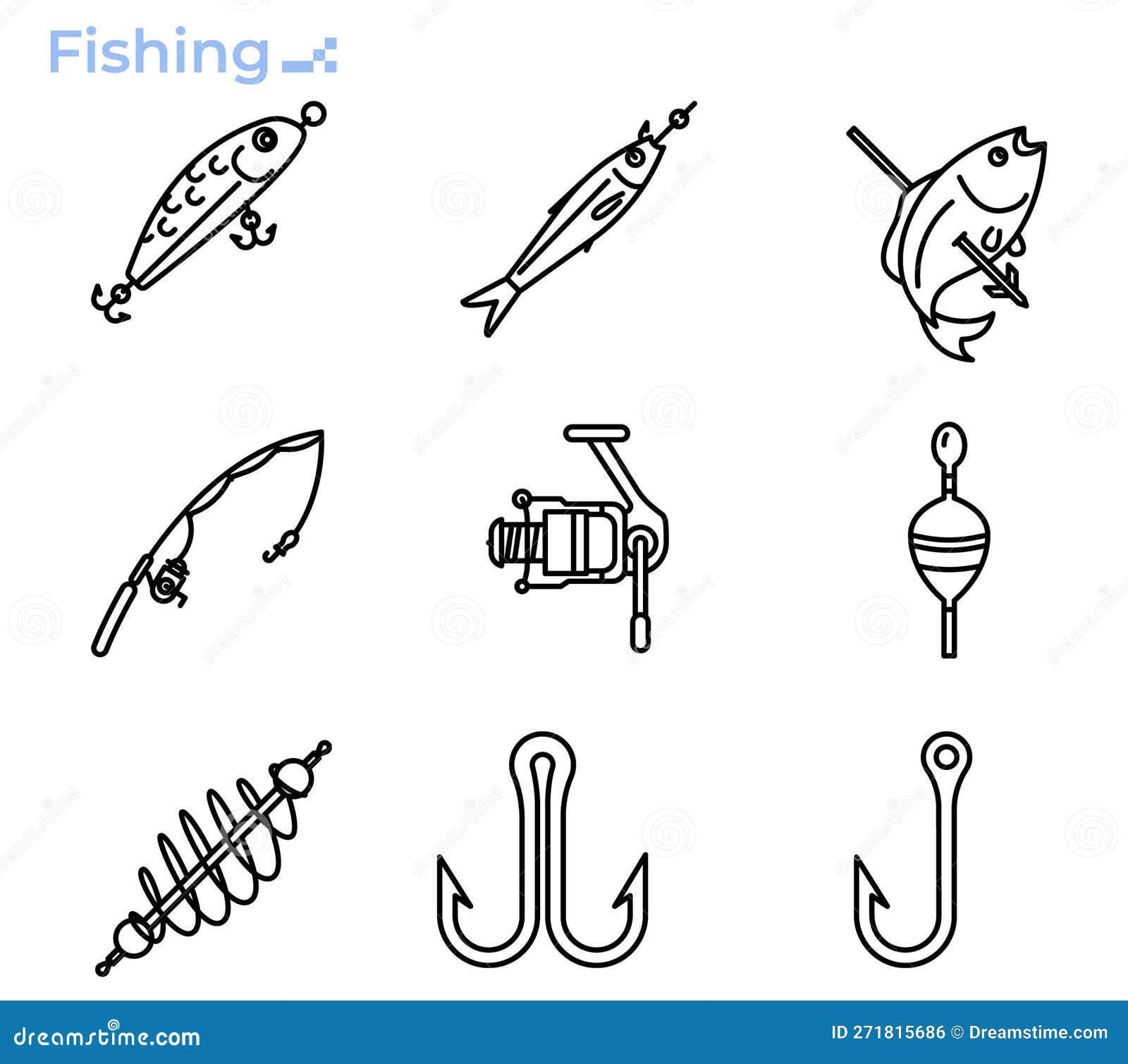 Fishing Gear Outline Icon Set. Stock Illustration - Illustration