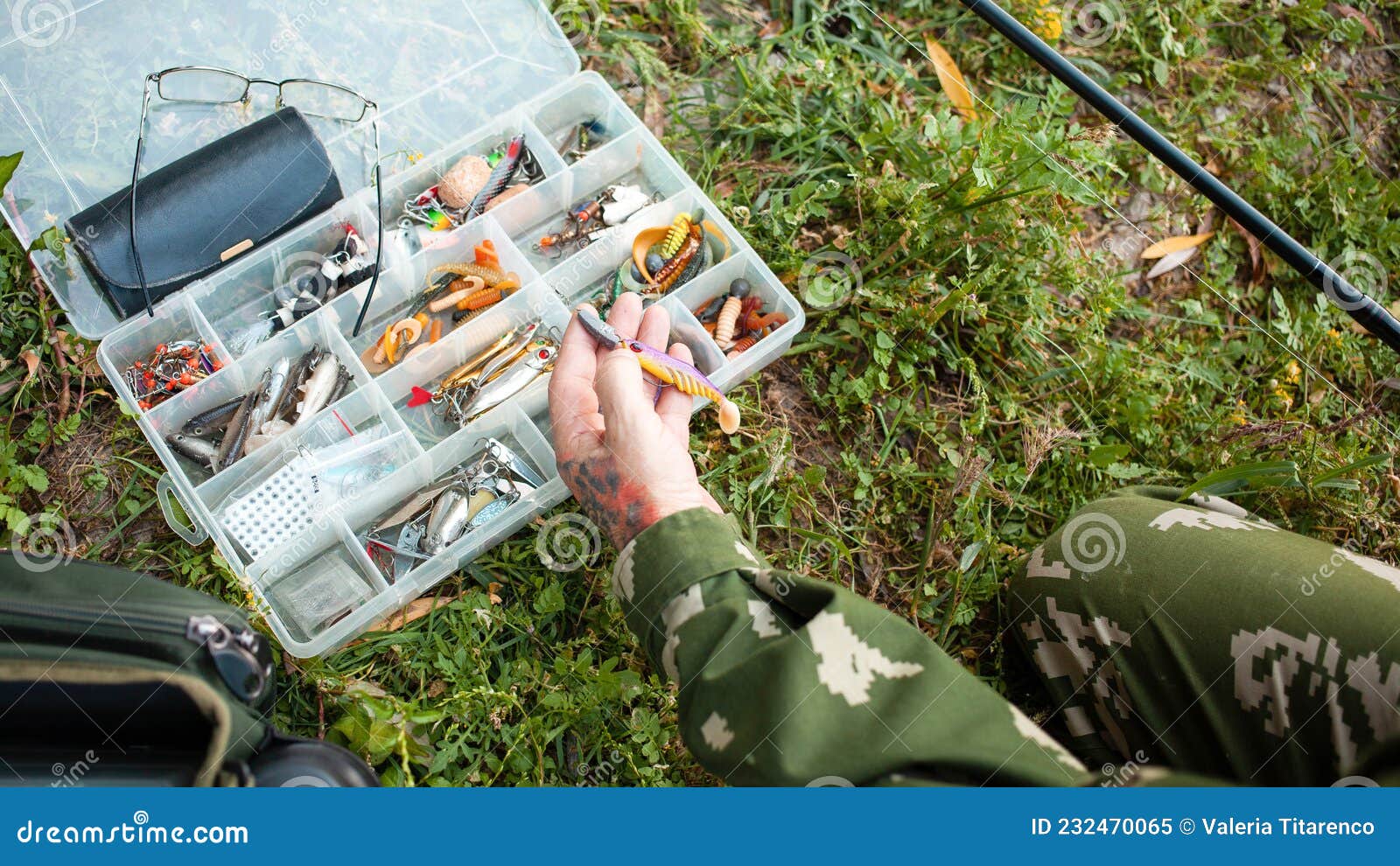 Fishing Gear in Organizer, Box. Various Baits for Predatory Fish.  Artificial Fish for Hook. Weights. Fishing Hobbies Stock Image - Image of  people, leisure: 232470065
