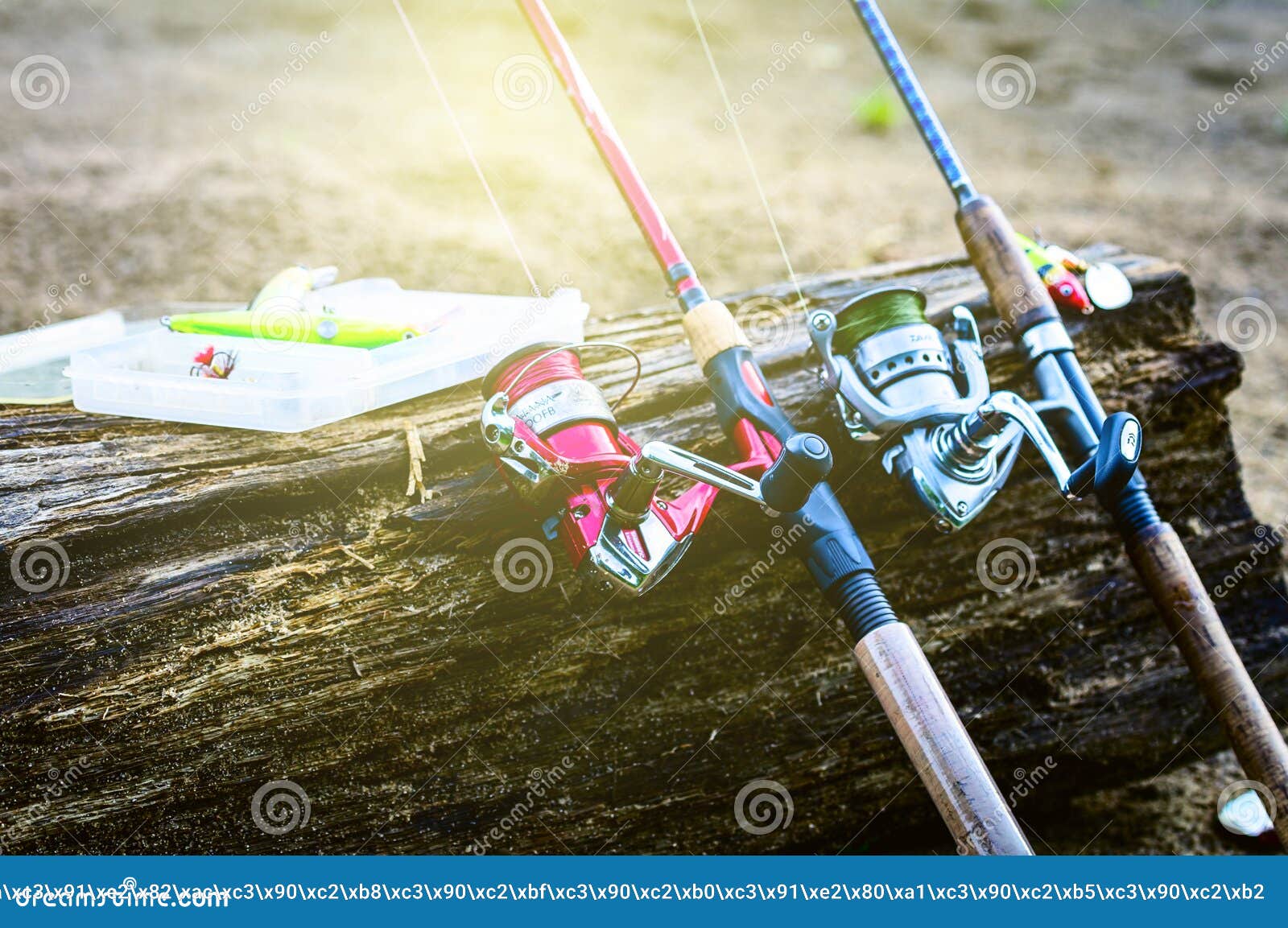 Fishing Gear on the Shore. Two Spinning Rods and Lures Spinning