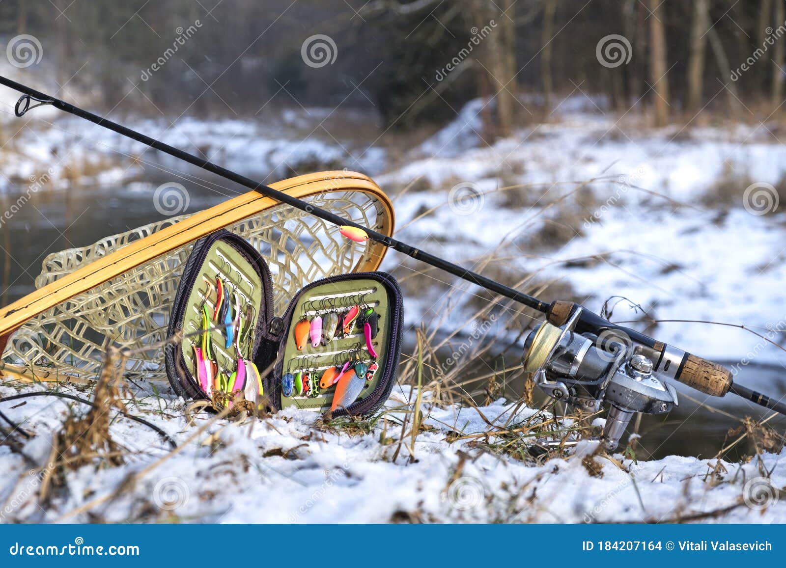 Fishing Gear on the Shore of a Winter Stream Stock Photo Image of