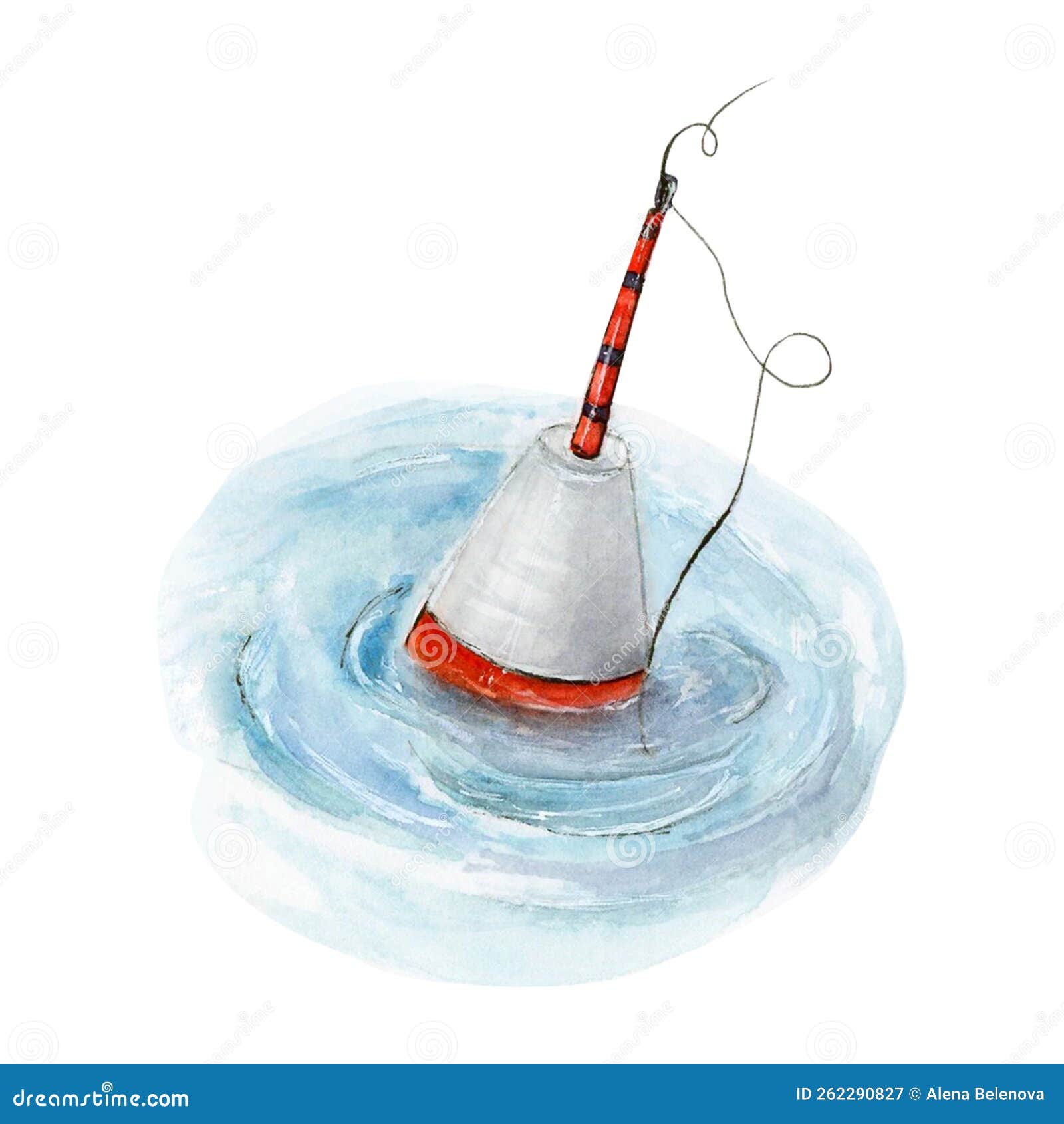 Fishing Hook and Bobber Splash. Watercolor Drawing of a Fish Hook