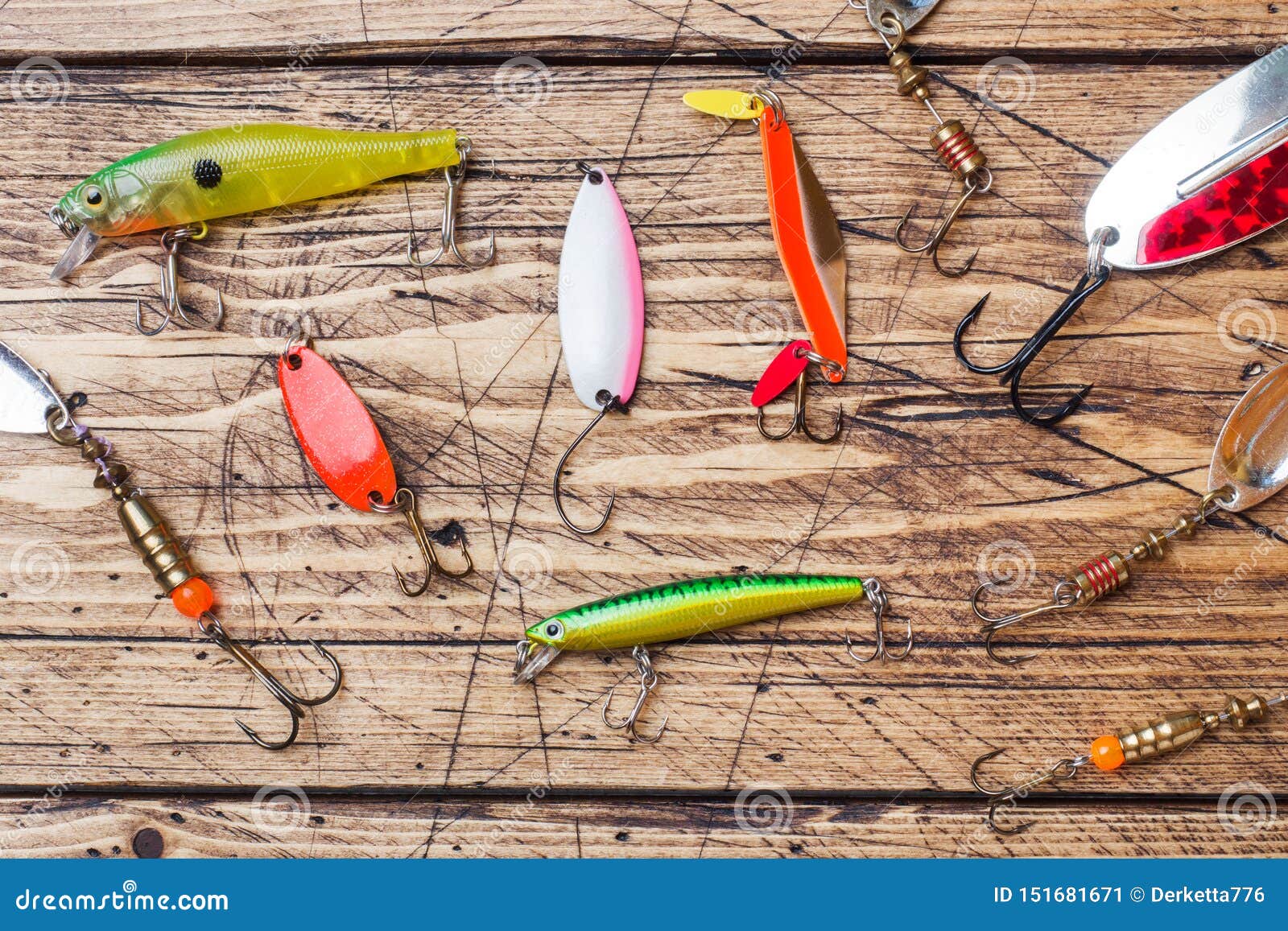 Fishing Hooks and Baits in a Set for Catching Different Fish on a