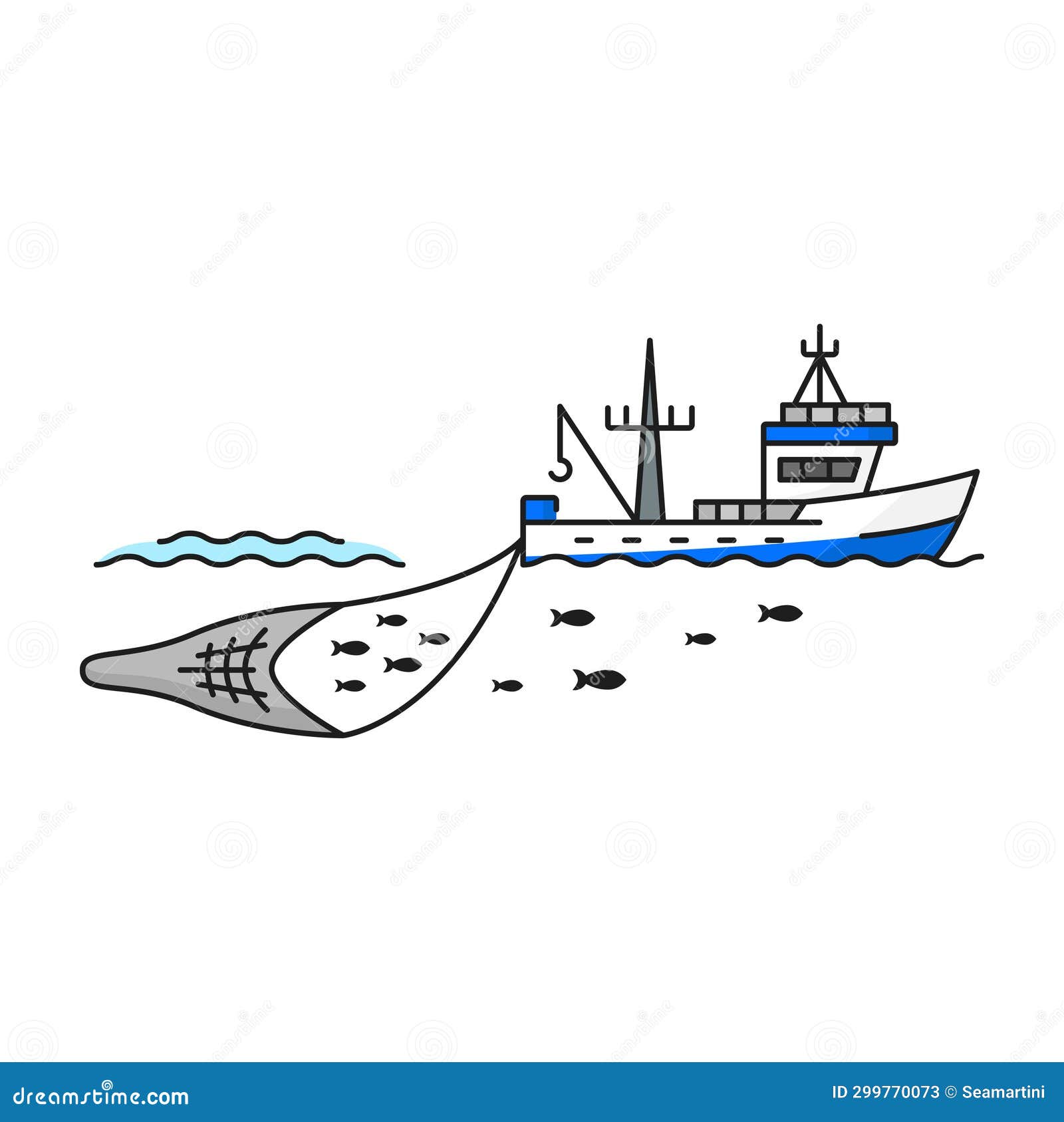 Fishing Industry Boat Catching Fish Line Icon Stock Vector