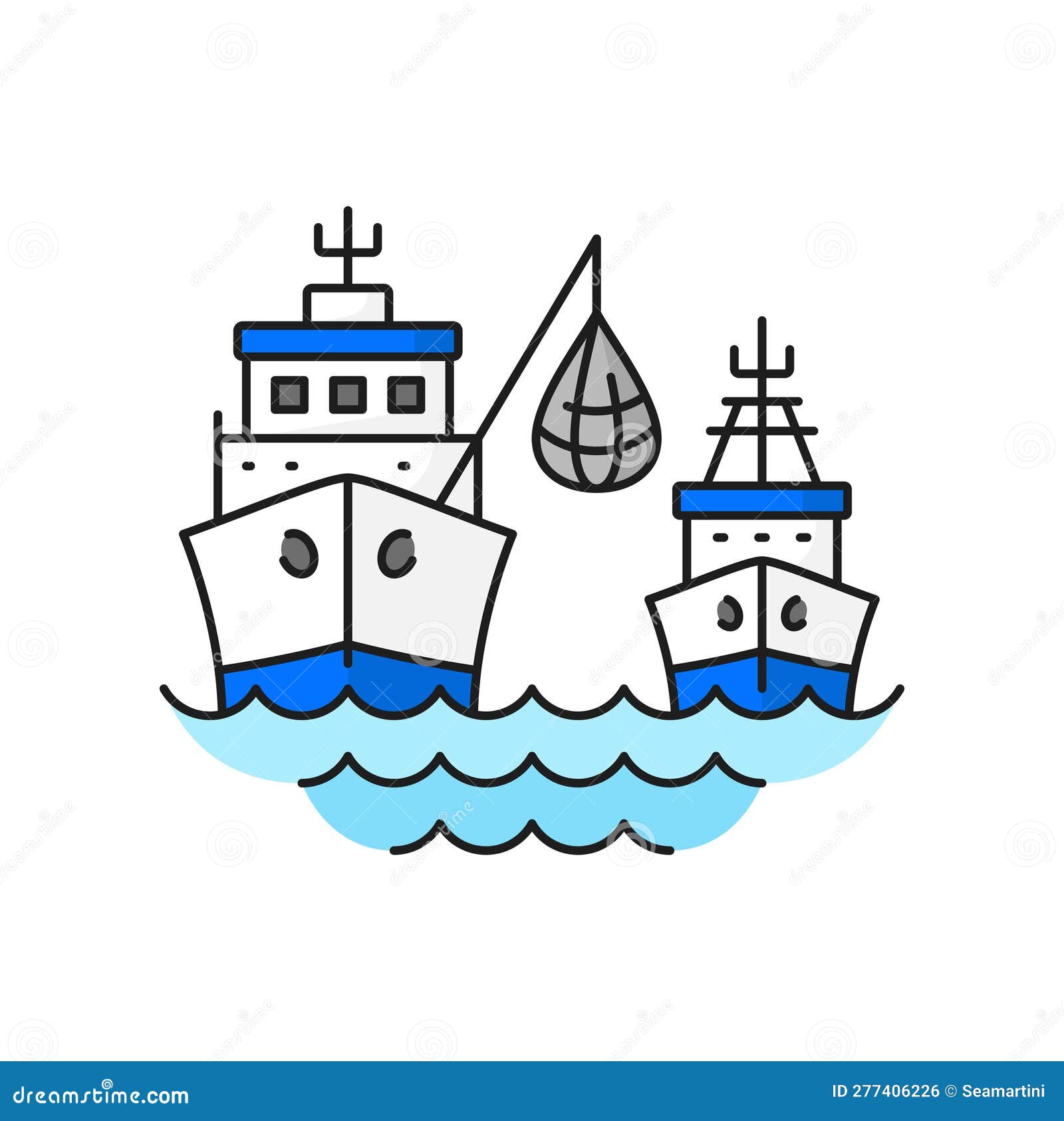 Fishing Industry Trawler Ships with Net Line Icon Stock Vector