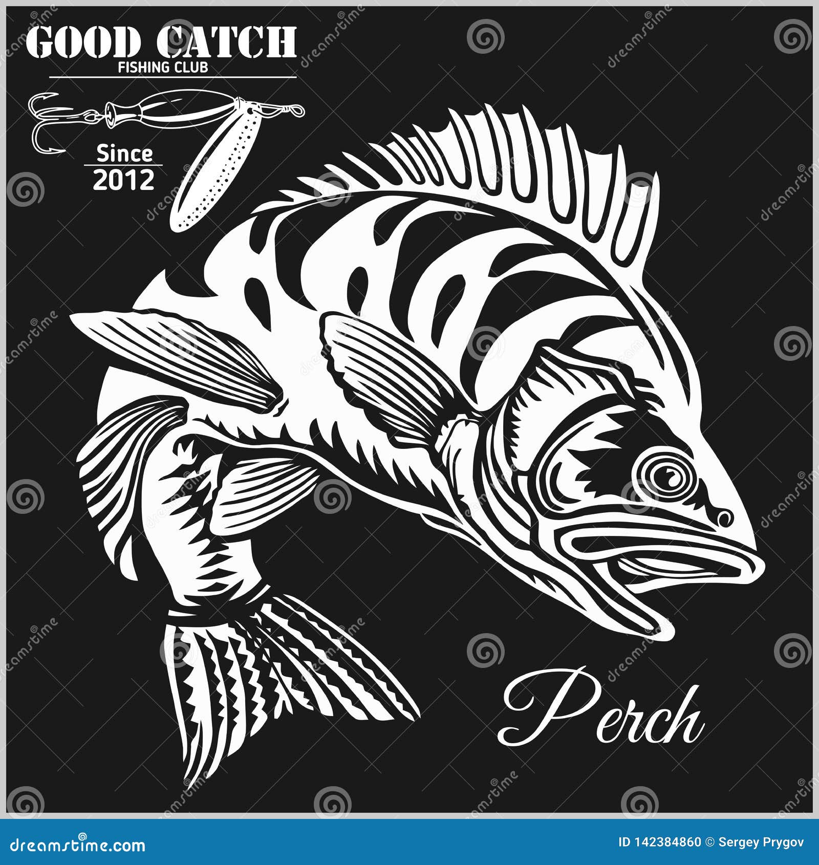 Fishing Logo. Bass Fish Club Emblem. Fishing Theme Vector Illustration.  Isolated on Black. Stock Vector - Illustration of hunting, nature: 142384860
