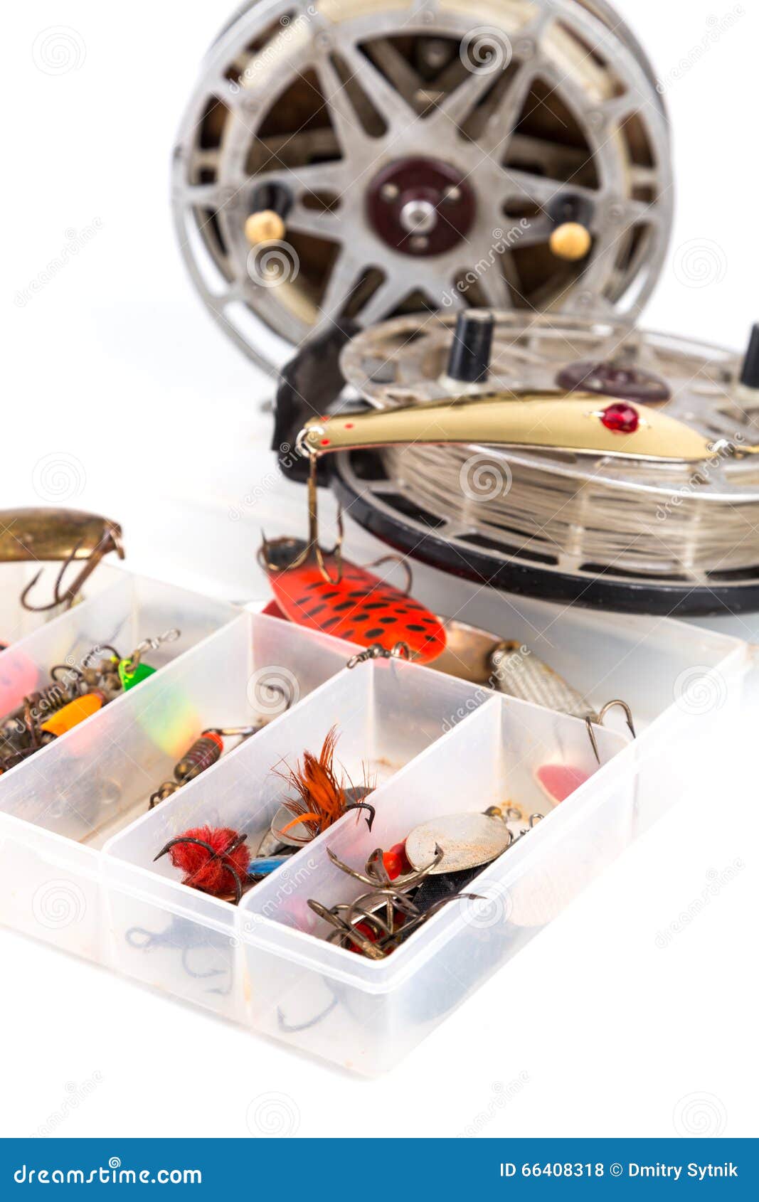 Fishing Lure in Storage Box and Lading Reels Stock Photo Image of