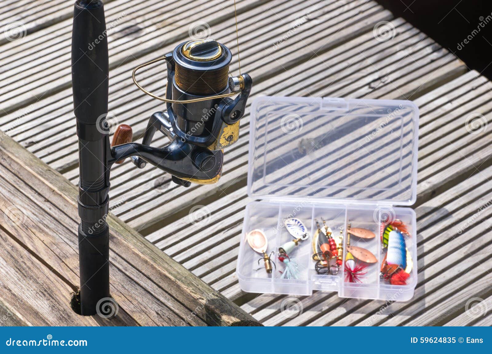 Fishing Lures in Box and Fishing Reel Stock Image Image of pond