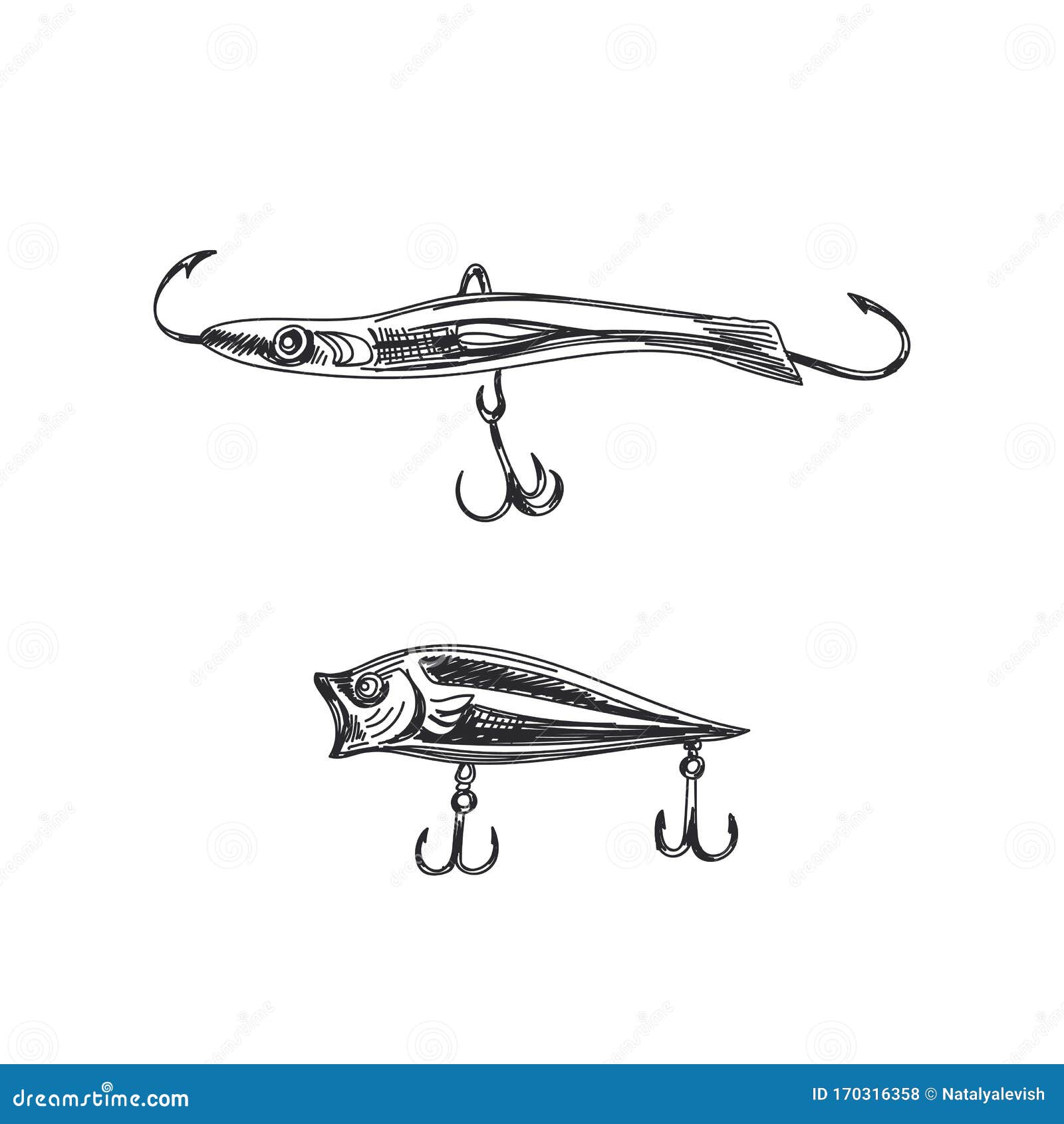 Fishing Lures Hand Drawn Black and White Vector Illustration Stock Vector -  Illustration of hook, angling: 170316358