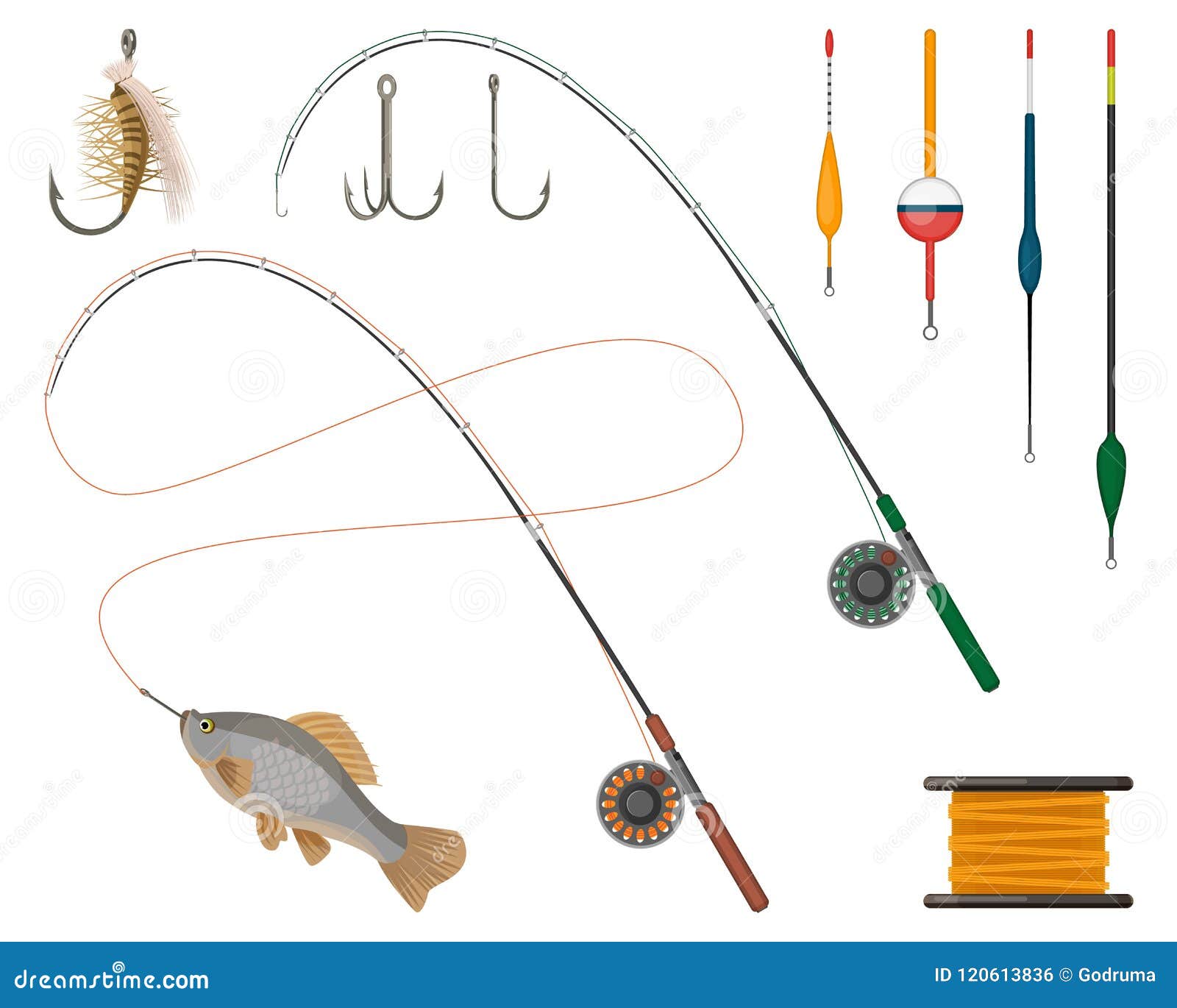 fishing manufacturers and suppliers icons set. reel and fishery rod