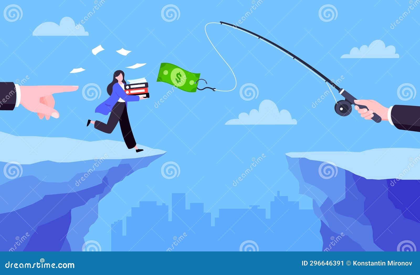 Fishing Money Chase Business Concept with Businesswoman Running after  Dangling Dollar Jumps Over the Cliff. Stock Vector - Illustration of  concept, hand: 296646391