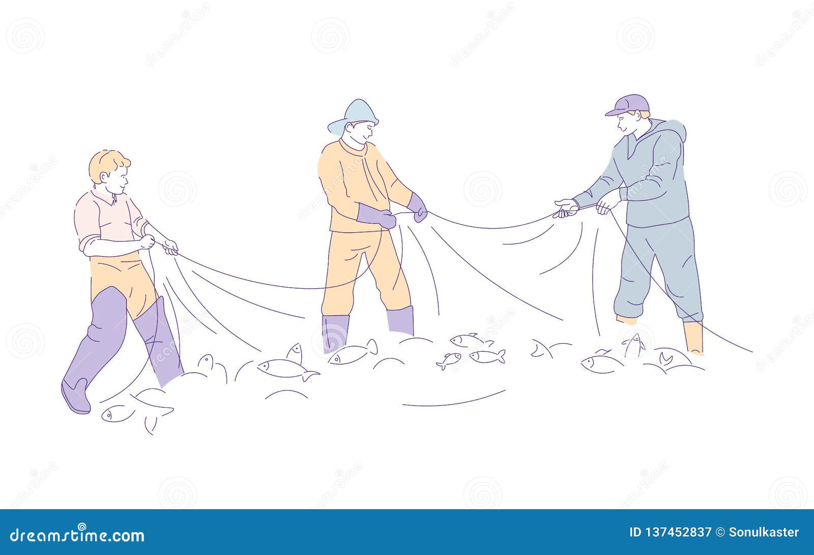 Fishing Net Fishermen in Gumboots Catching Fish Stock Vector - Illustration  of haul, friend: 137452837