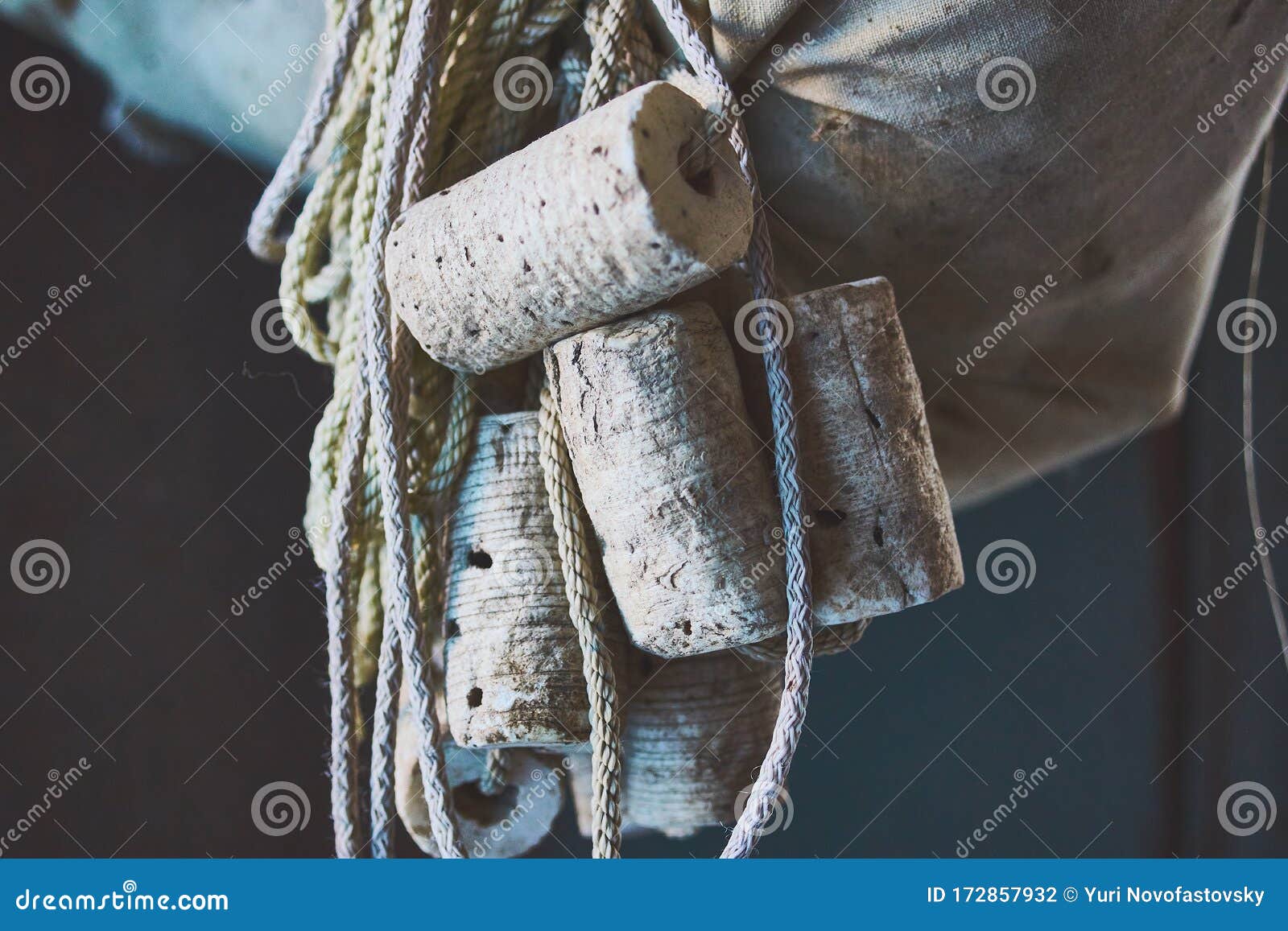 Fishing Net Rope with Old Handmade Cork Floats Stock Photo - Image