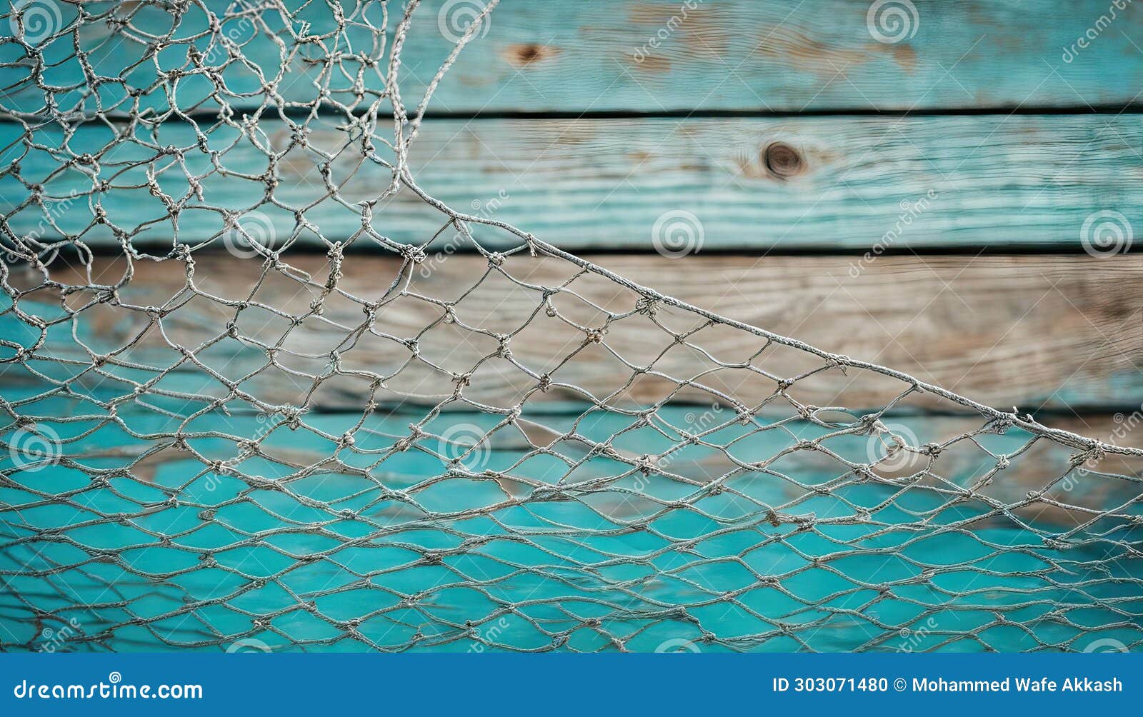 Fishing Net Texture Over Light Blue Wood Maritime Background Stock