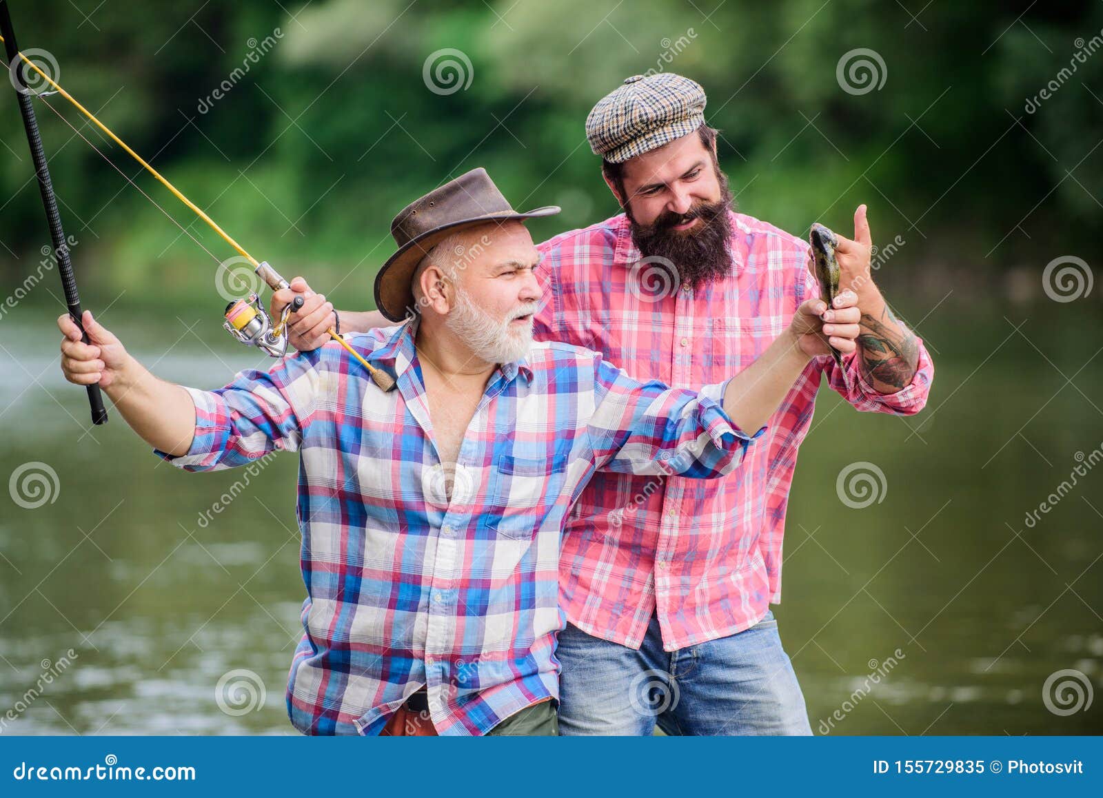 Fishing Peaceful Activity. Father and Son Fishing. Grandpa and Mature Man  Friends. Fisherman Family. Rod Tackle Stock Image - Image of cheerful,  fish: 155729835