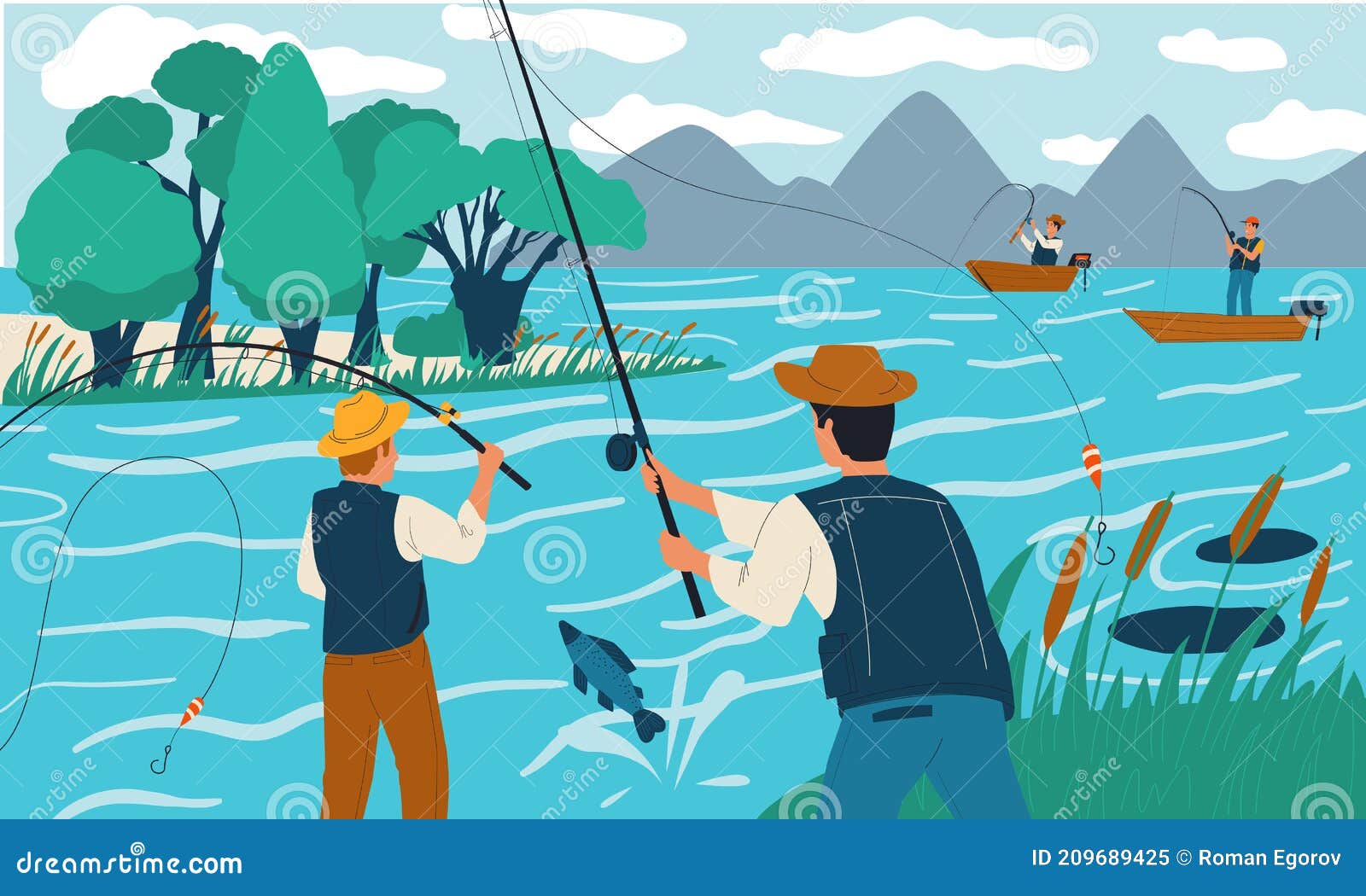 Fishing. People Fish with Rods from Shore or on Boat. Scene with Happy  Fishermen on Lake. Recreational Activity and Stock Illustration -  Illustration of shore, travel: 209689425