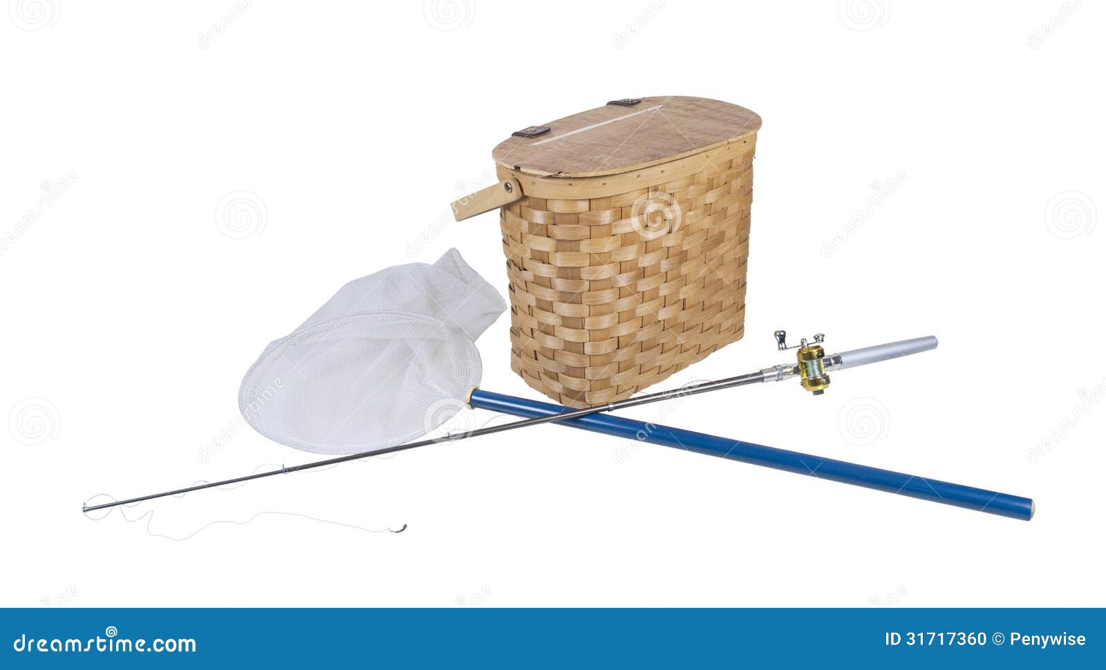 Fishing Pole with Net and Fish Basket Stock Photo - Image of weave